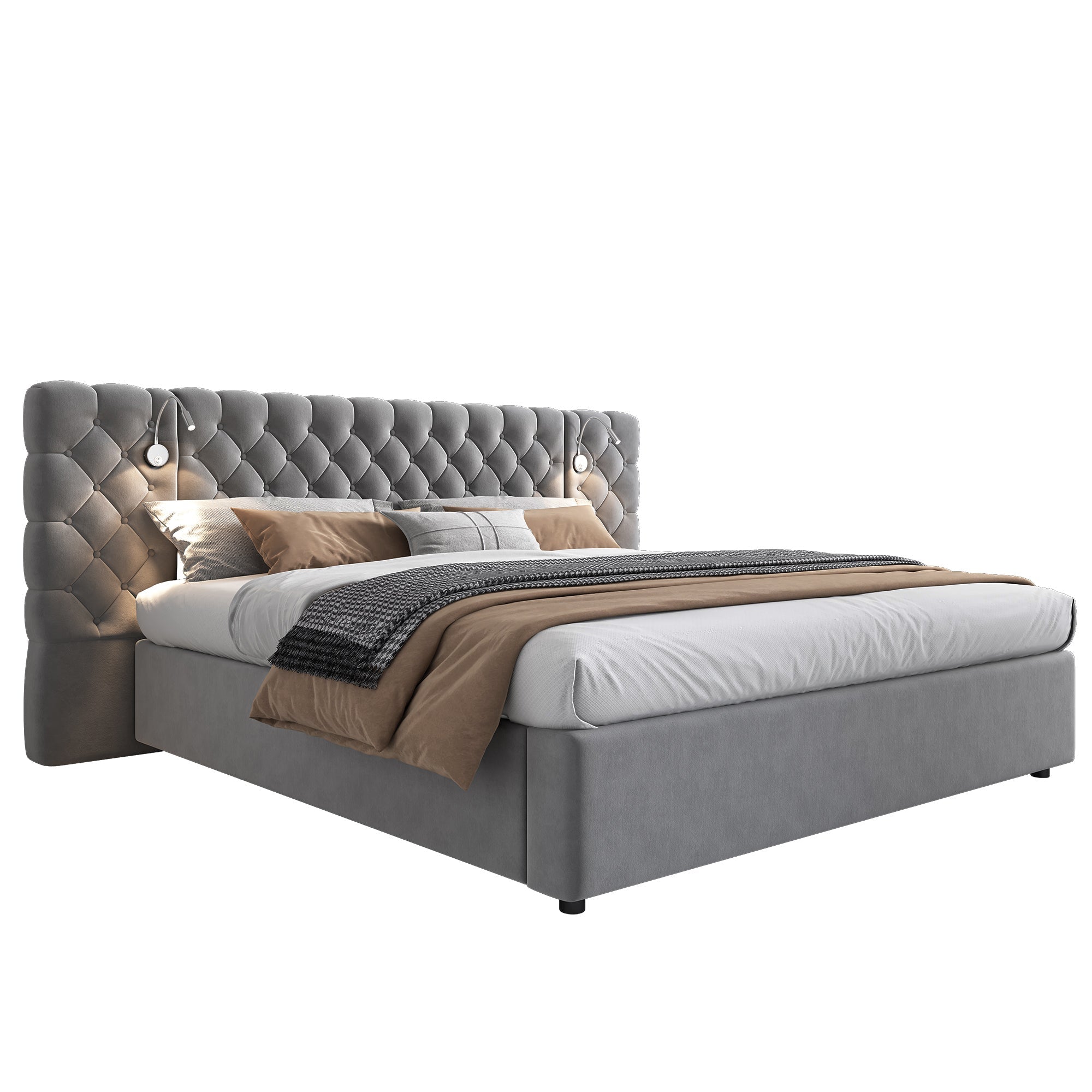 Logidon gestoffeerd bed 160x200 cm grijs fluweel opbergruimte LED verlichting hoofdeinde