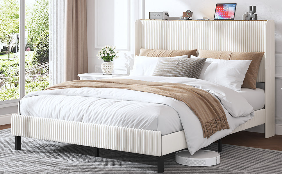Logidon platformbed 180x200 beige corduroy vleugeldesign hoofdeinde