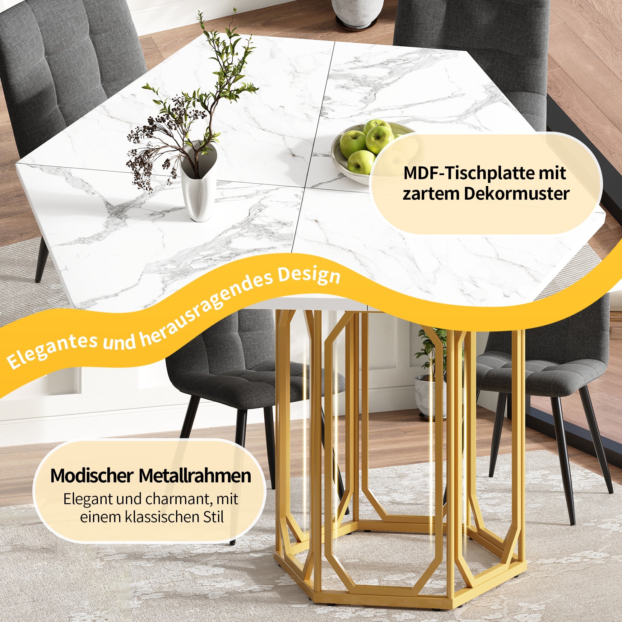 Logidon Zeshoekige Marmeren Tafel Goud MDF Keukentafel 110x95 cm