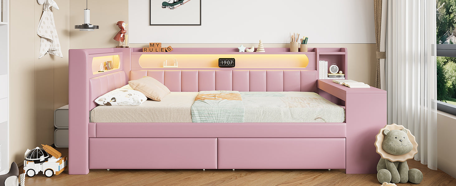 Logidon Daybed 90x200 Upholstered With USB And LED And Desk Pink