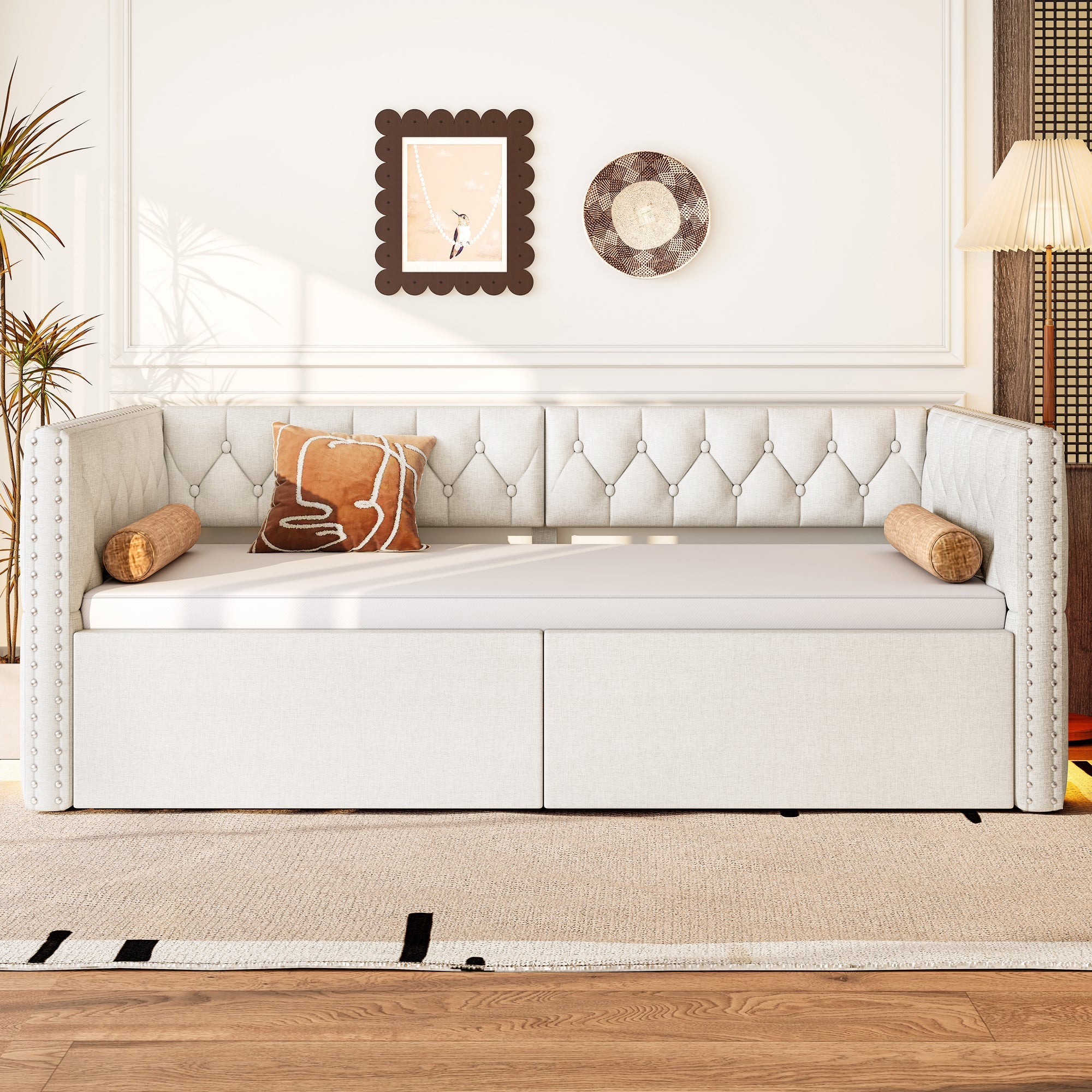 Logidon uitschuifbaar dagbed 90x200 tot 180x200 beige met LED