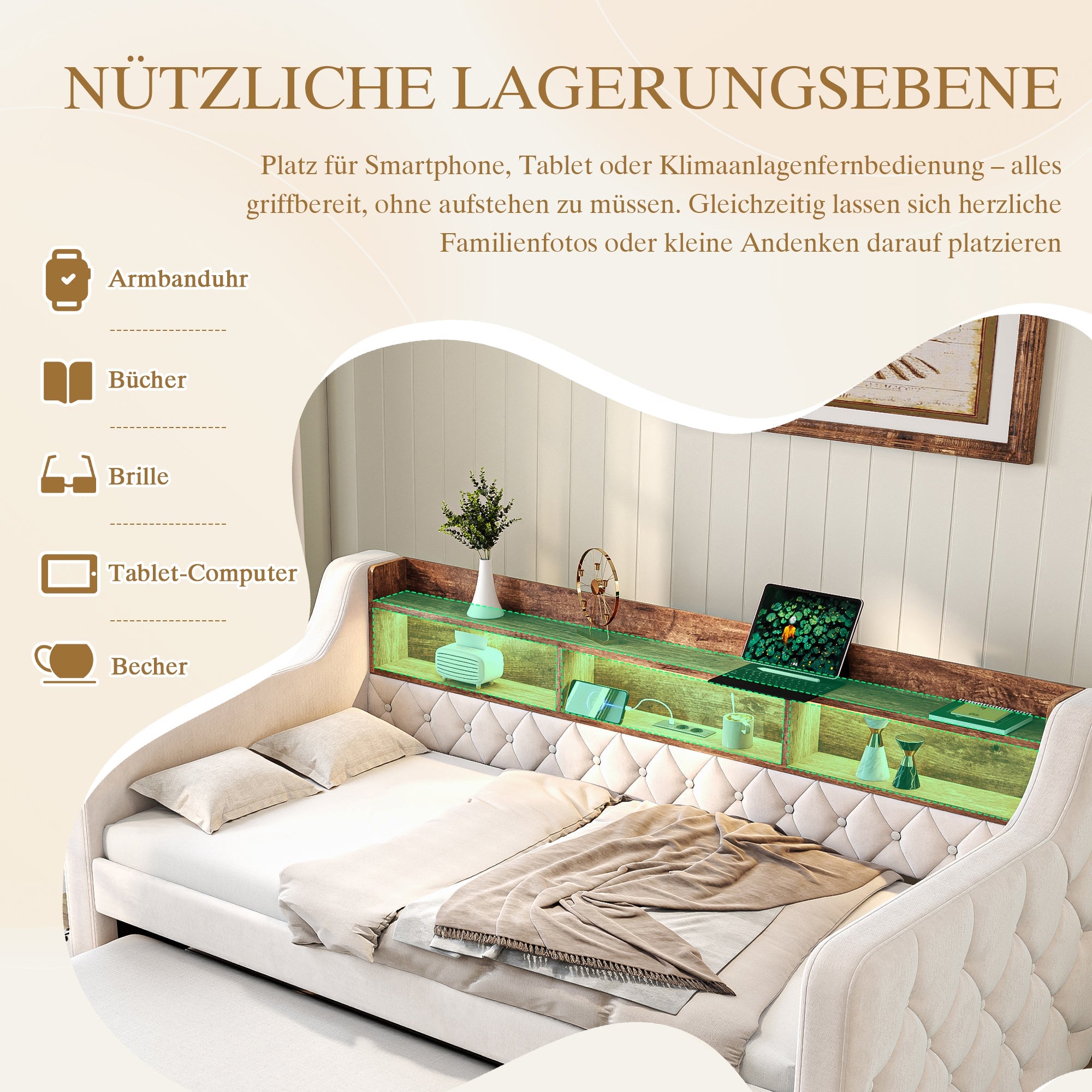 Logidon slaapbank 90x190 cm beige fluweel met opbergruimte LED USB-C