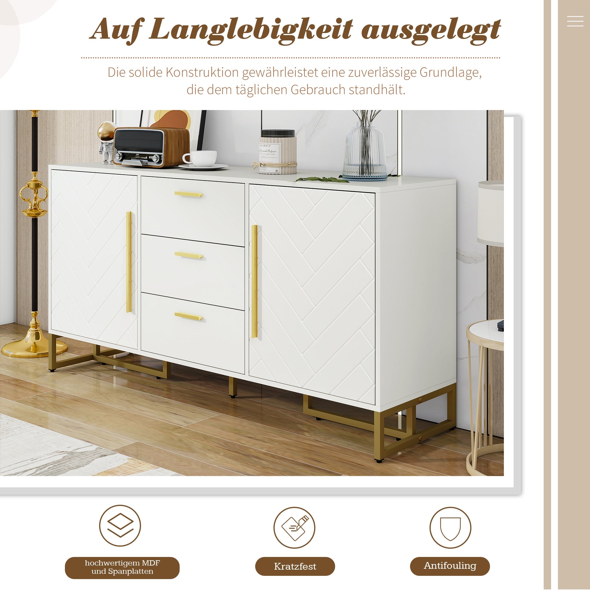 Logidon dressoir wit visgraatpatroon 145x40x75 cm 3 lades