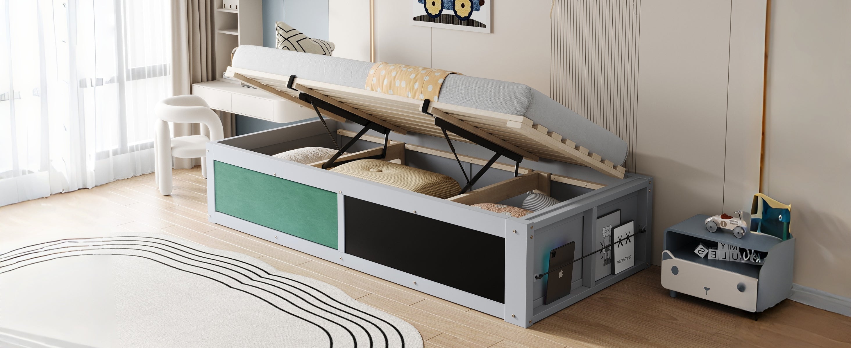Logidon Kinderbed 90x200 cm met hydraulische opbergruimte Grijs