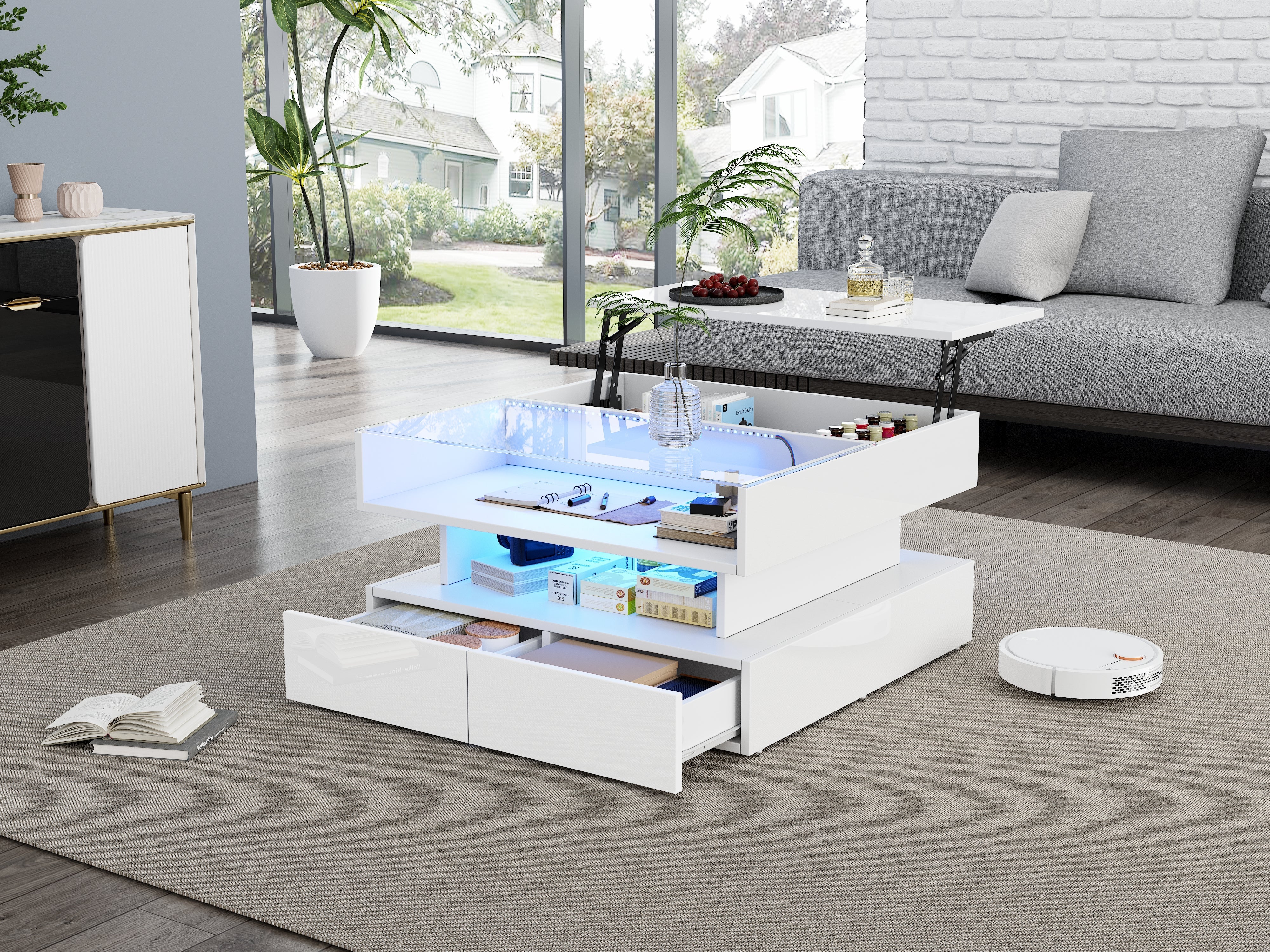 Logidon In hoogte verstelbare salontafel 80x80 cm witte LED opbergruimte