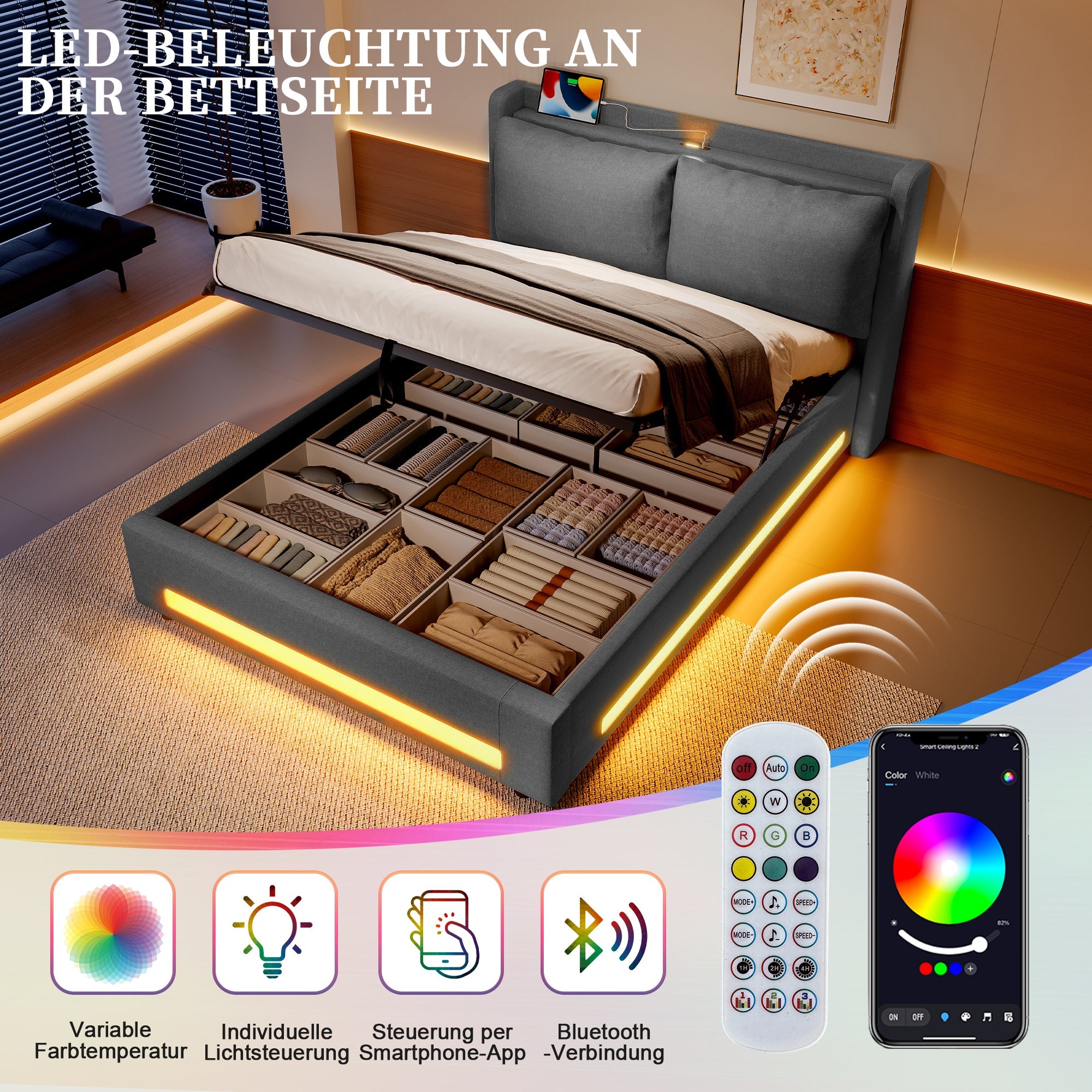 Logidon Modern gestoffeerd bed grijs 140x200 cm met opbergruimte en LED