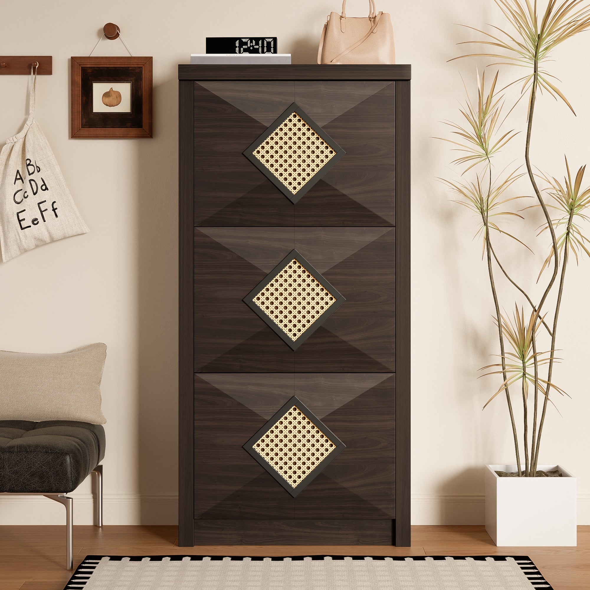 Logidon Vintage Schuhschrank Braun - Rattan-Dekor, 3 Klappfächer