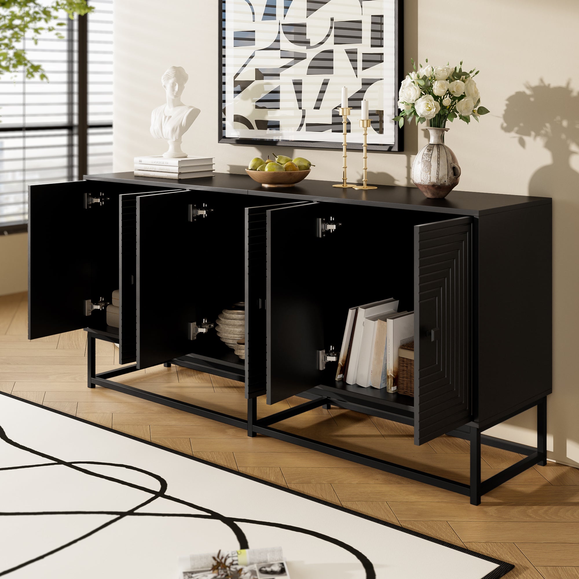 Logidon Moderne Zwarte Dressoirkast 3 Dubbele Deuren 160x38x75,5CM