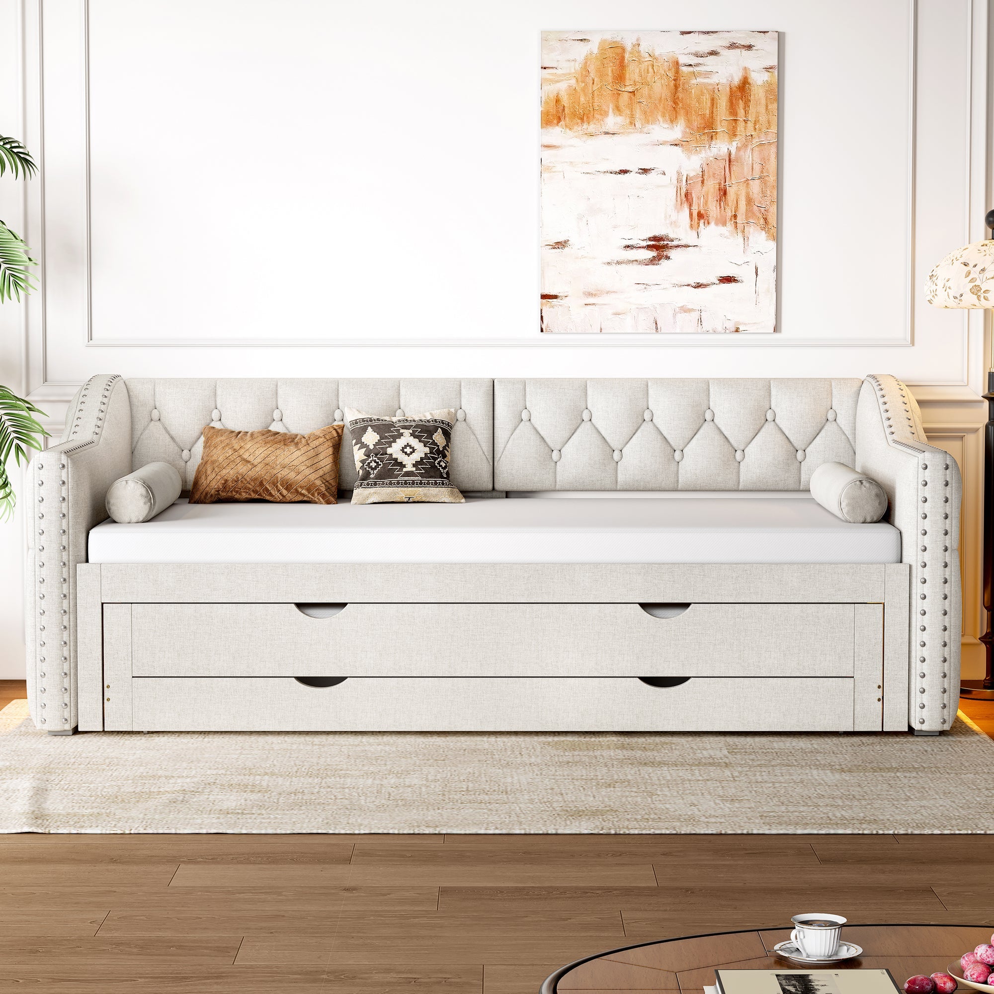 Logidon 90x200 gestoffeerd dagbed met LED-licht uitschuifbaar bed beige