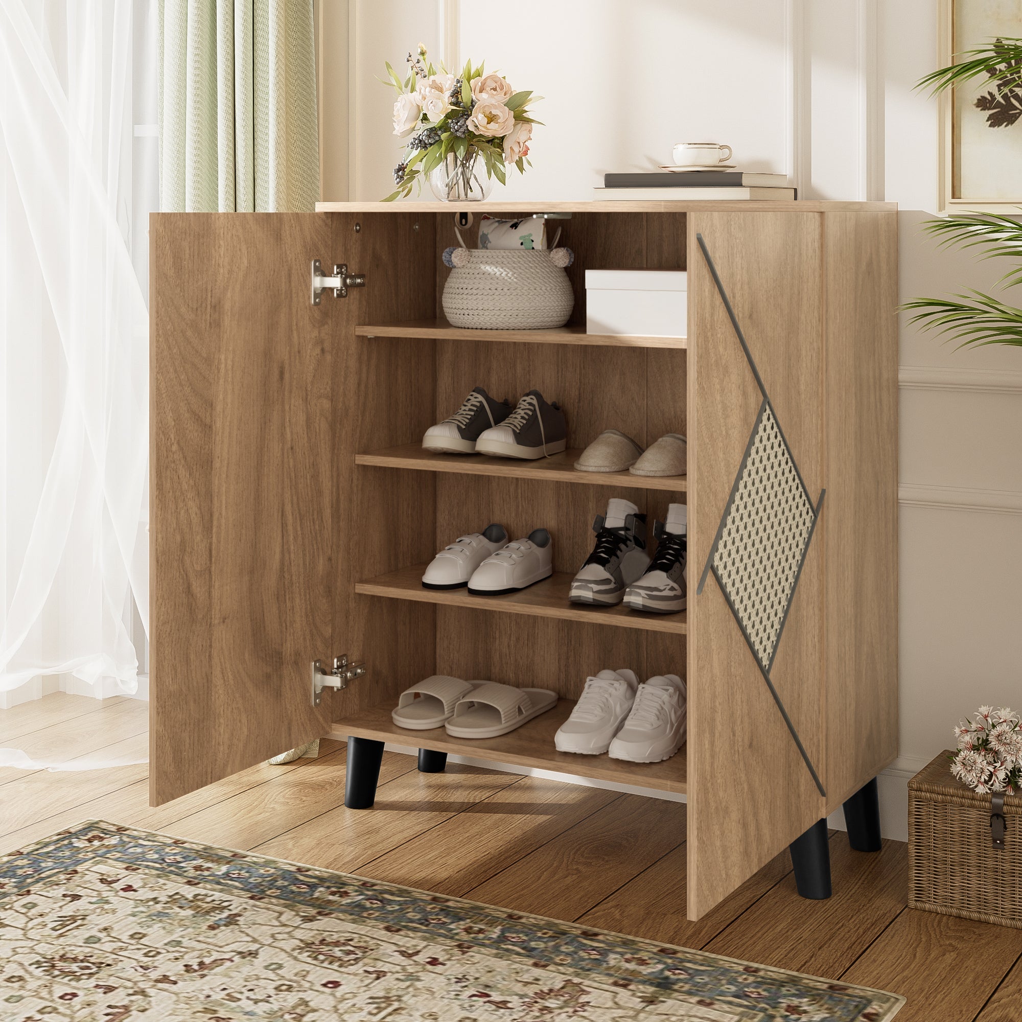 Logidon schoenenkast met modern rotanpatroon, 80 cm x 32 cm x 91 cm