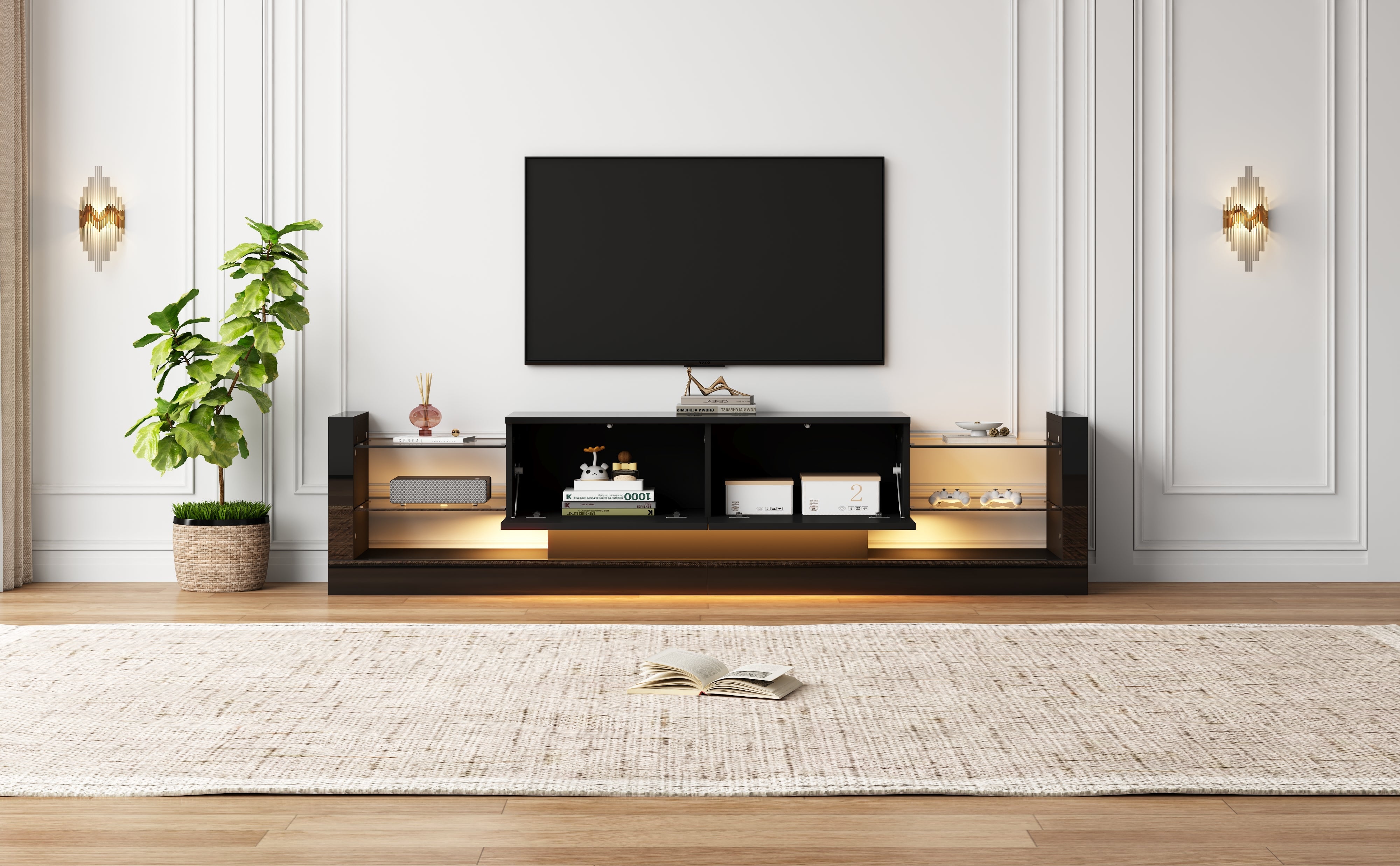 Logidon high-gloss TV cabinet 181 cm LED lighting black glass front