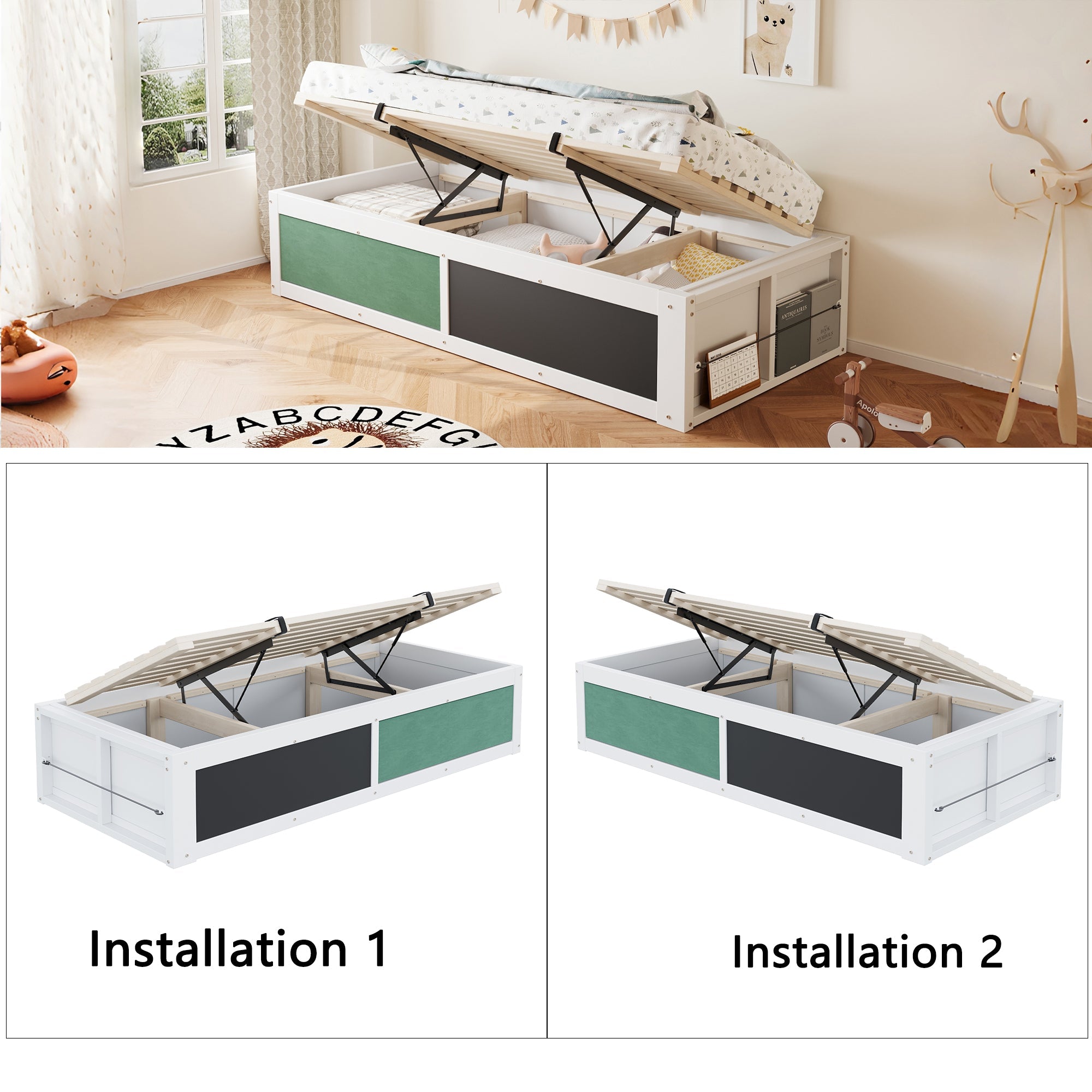 Logidon Houten Bed 90x200 cm met Hydraulisch Opbergvak Schrijfbord Wit