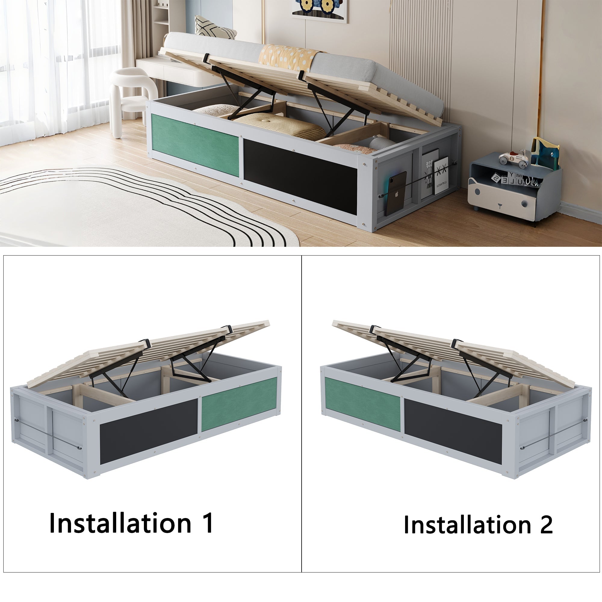 Logidon Kinderbed 90x200 cm met hydraulische opbergruimte Grijs