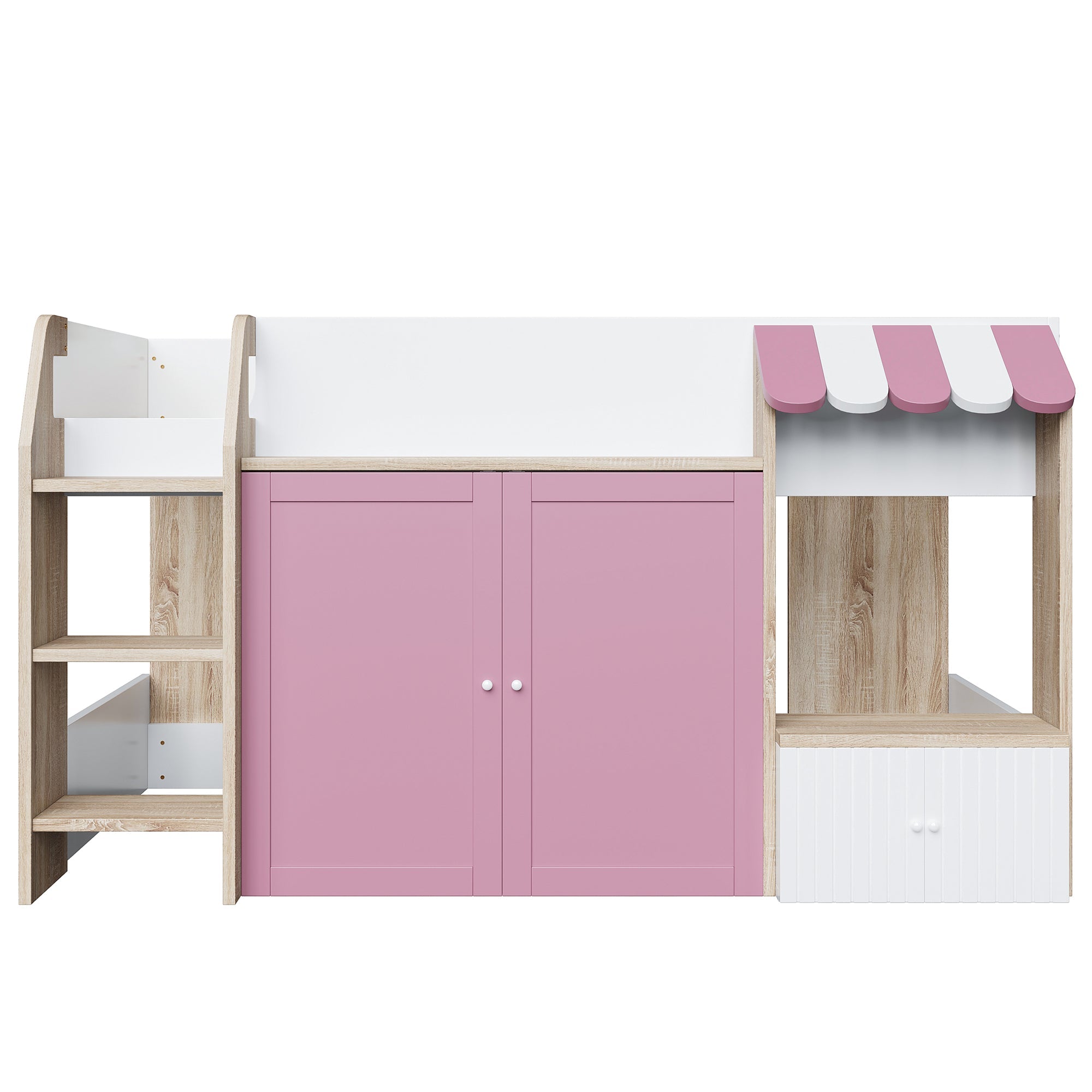 Logidon House Bed Kinderbed 90x200 met opbergruimte en ladder wit roze