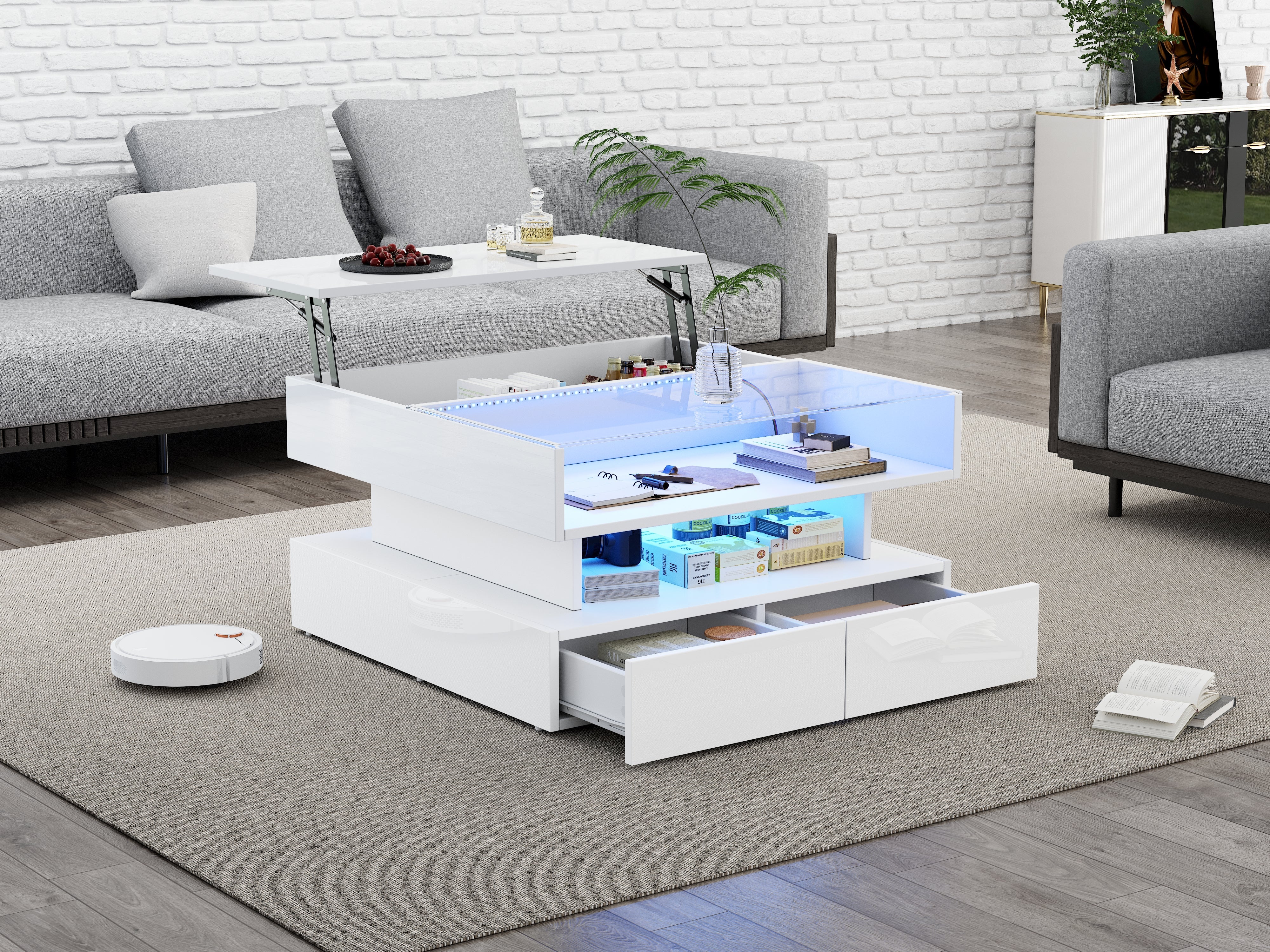 Logidon In hoogte verstelbare salontafel 80x80 cm witte LED opbergruimte