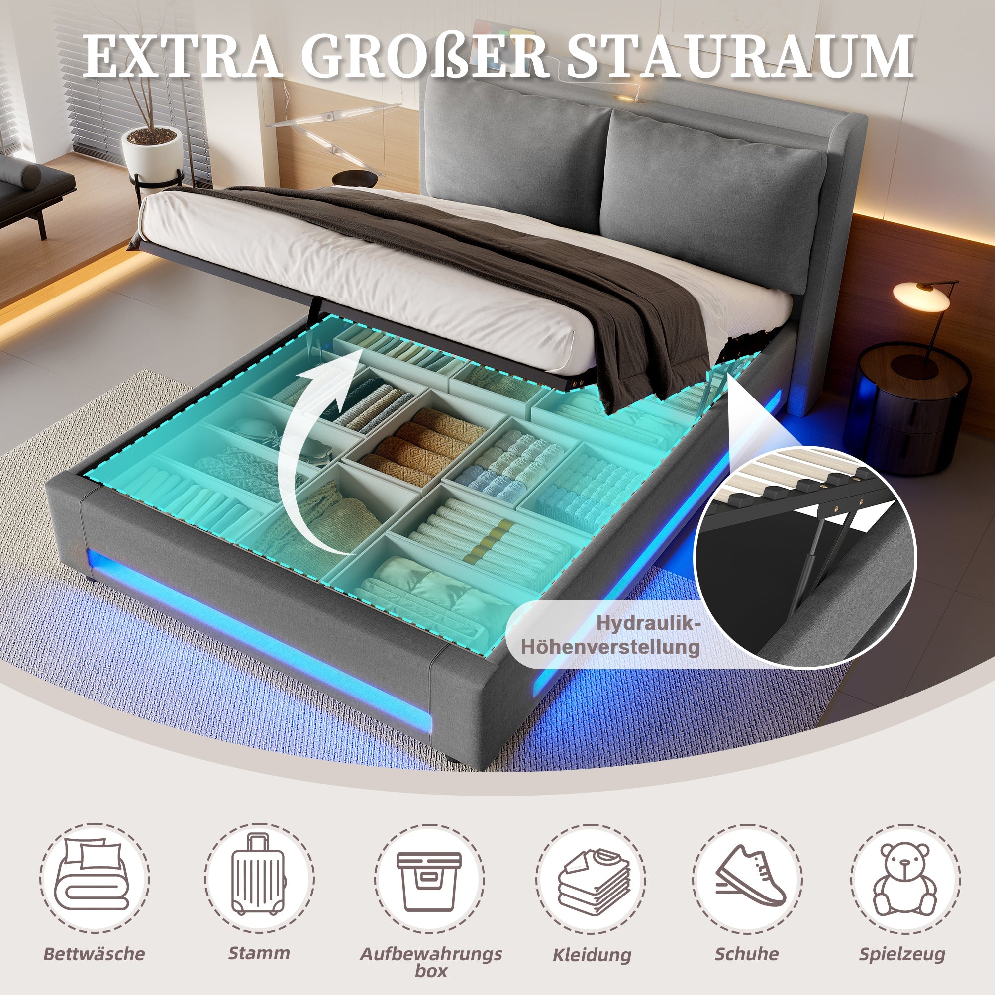 Logidon Modern gestoffeerd bed grijs 140x200 cm met opbergruimte en LED