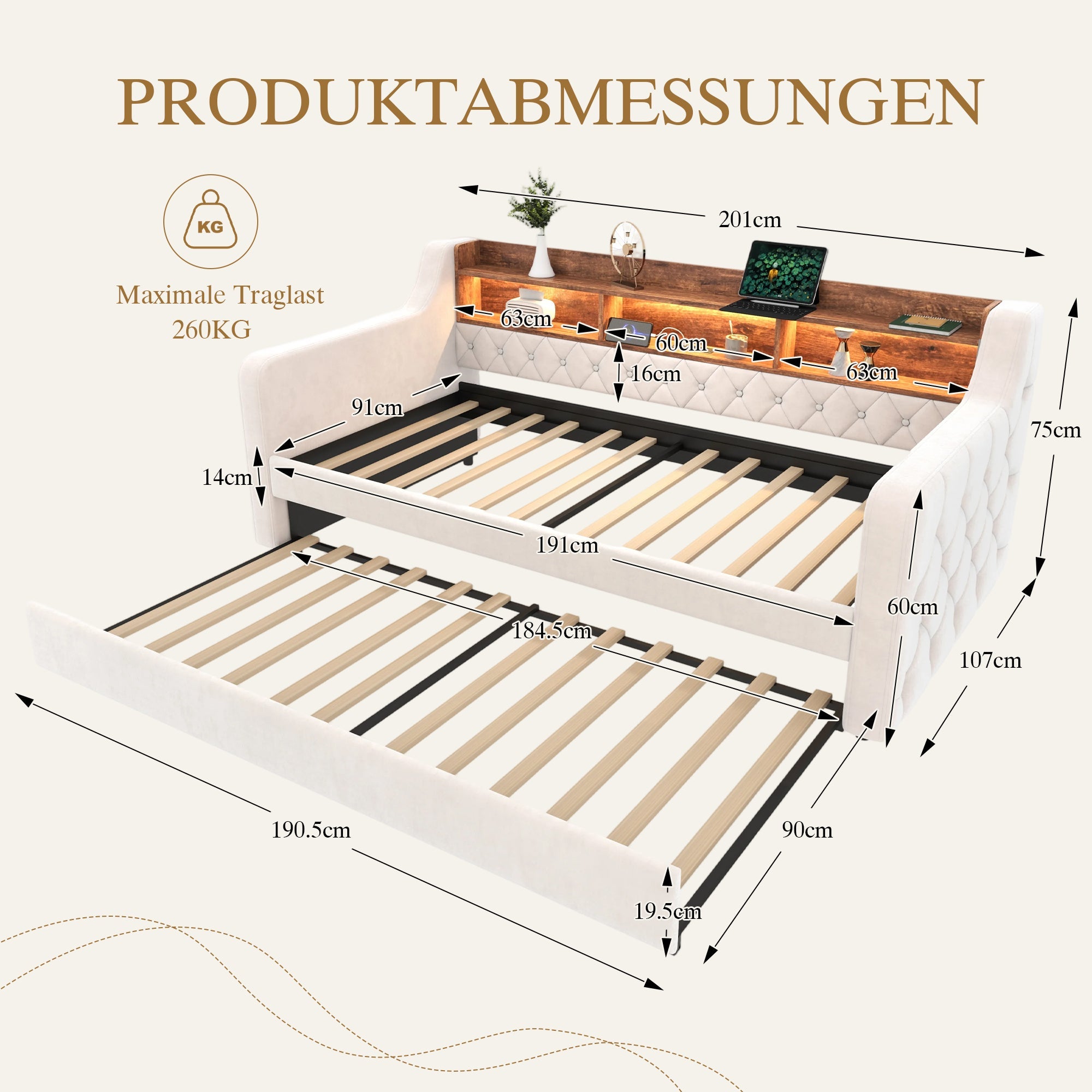 Logidon slaapbank 90x190 cm beige fluweel met opbergruimte LED USB-C