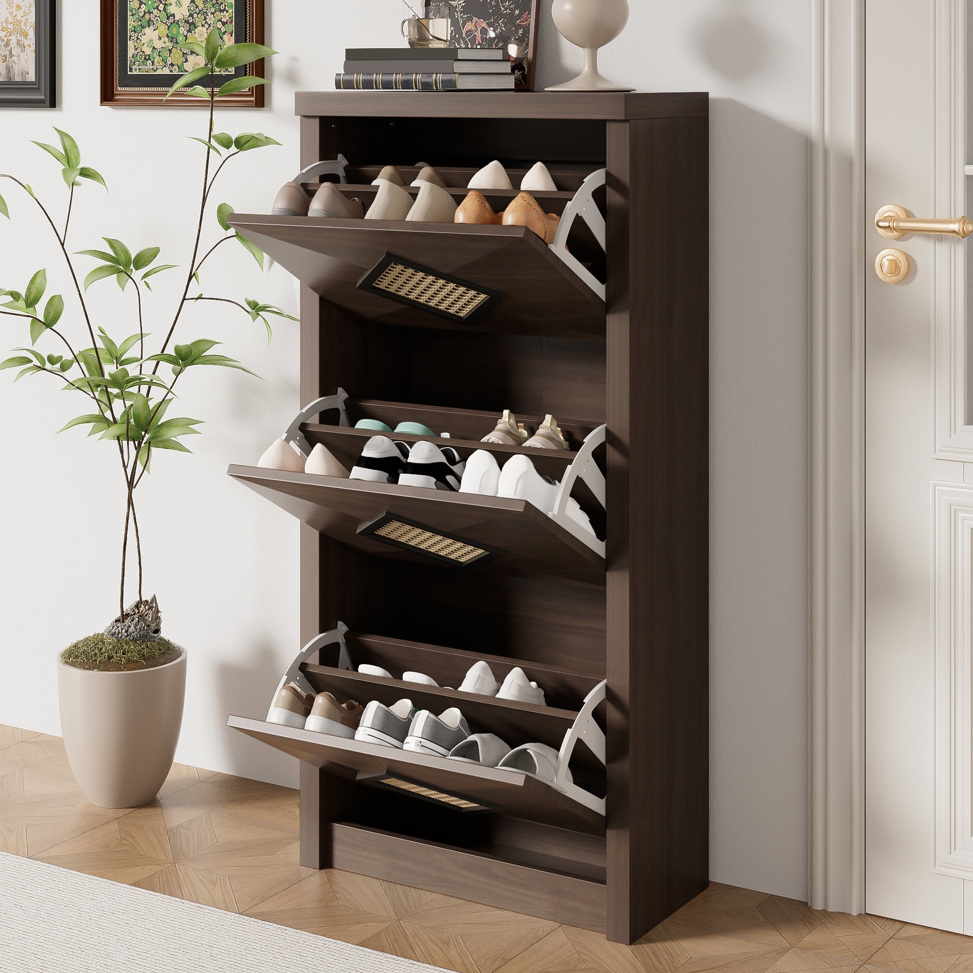 Logidon Vintage Schuhschrank Braun - Rattan-Dekor, 3 Klappfächer