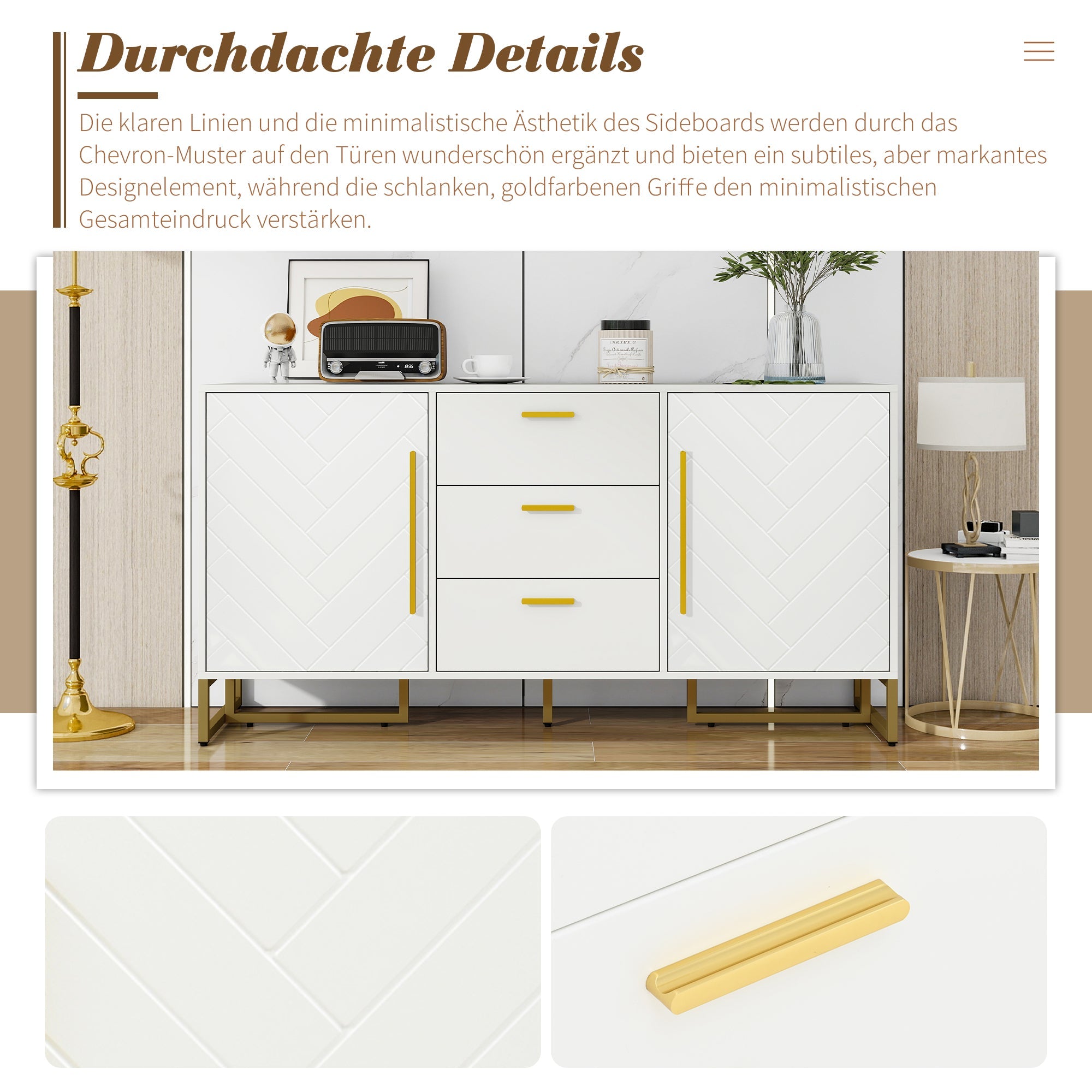 Logidon dressoir wit visgraatpatroon 145x40x75 cm 3 lades