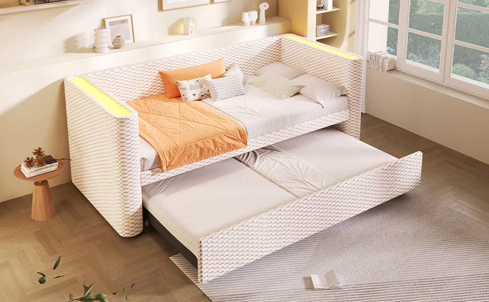 Logidon dagbed slaapbank beige fluweel 90x200/180x200 LED