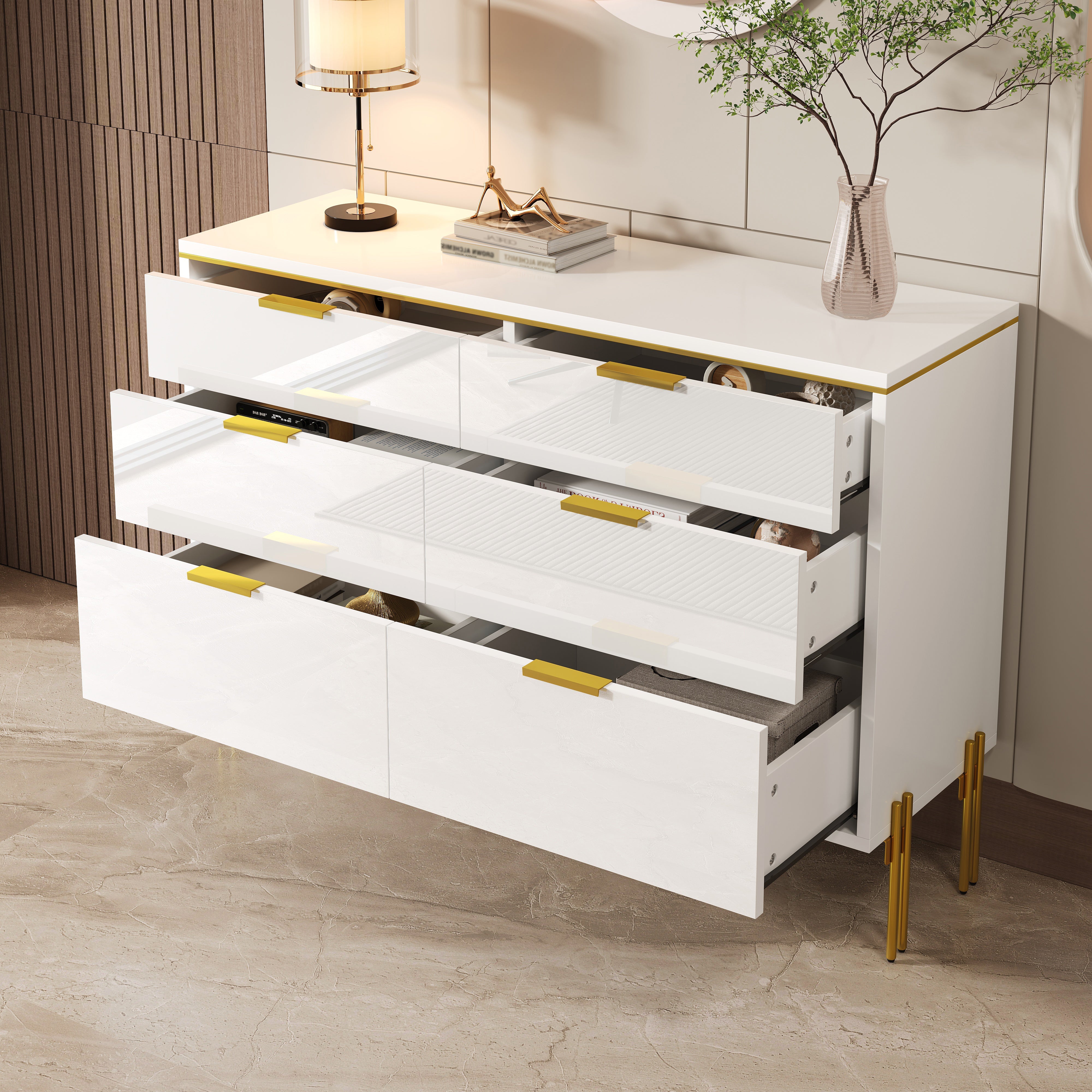 Logidon dressoir wit goud hoogglans 6 lades 120 cm