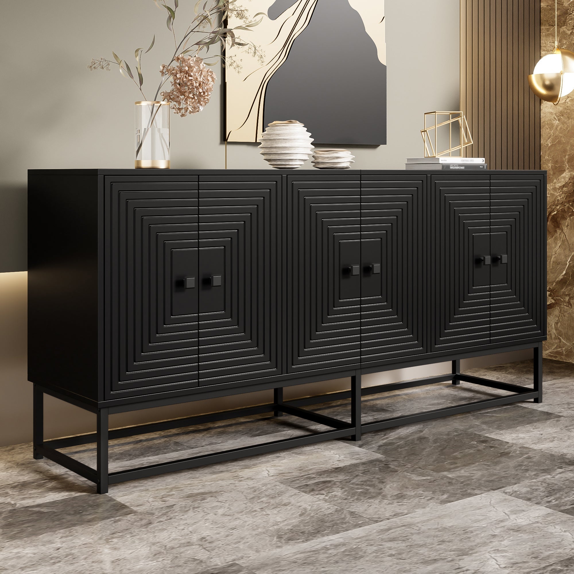 Logidon Moderne Zwarte Dressoirkast 3 Dubbele Deuren 160x38x75,5CM