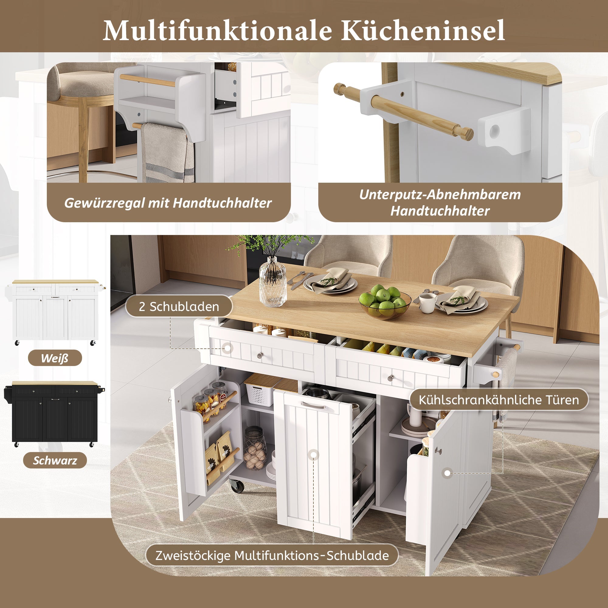 Logidon keukeneiland wit met wielen en multifunctionele lades