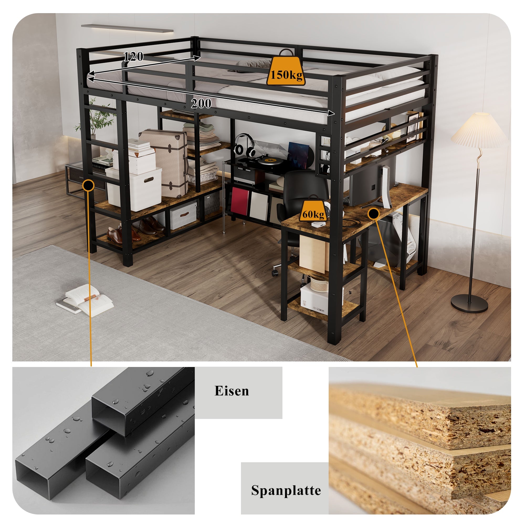 Logidon hoogslaper 120x200 cm metaal zwart met bureau en plank