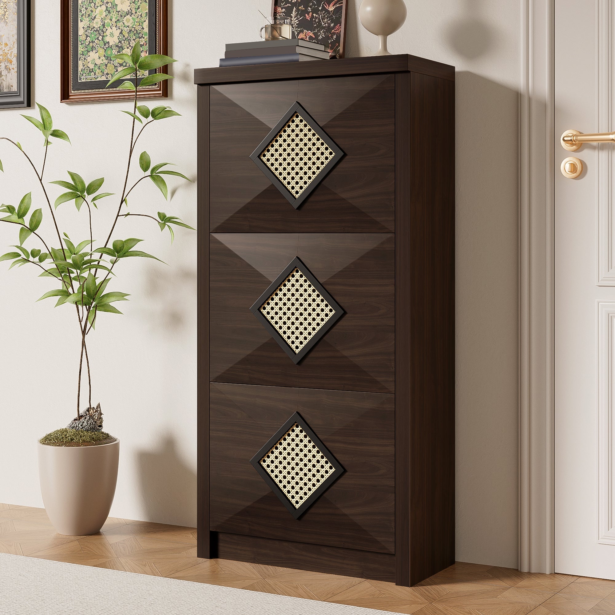 Logidon Vintage Schuhschrank Braun - Rattan-Dekor, 3 Klappfächer
