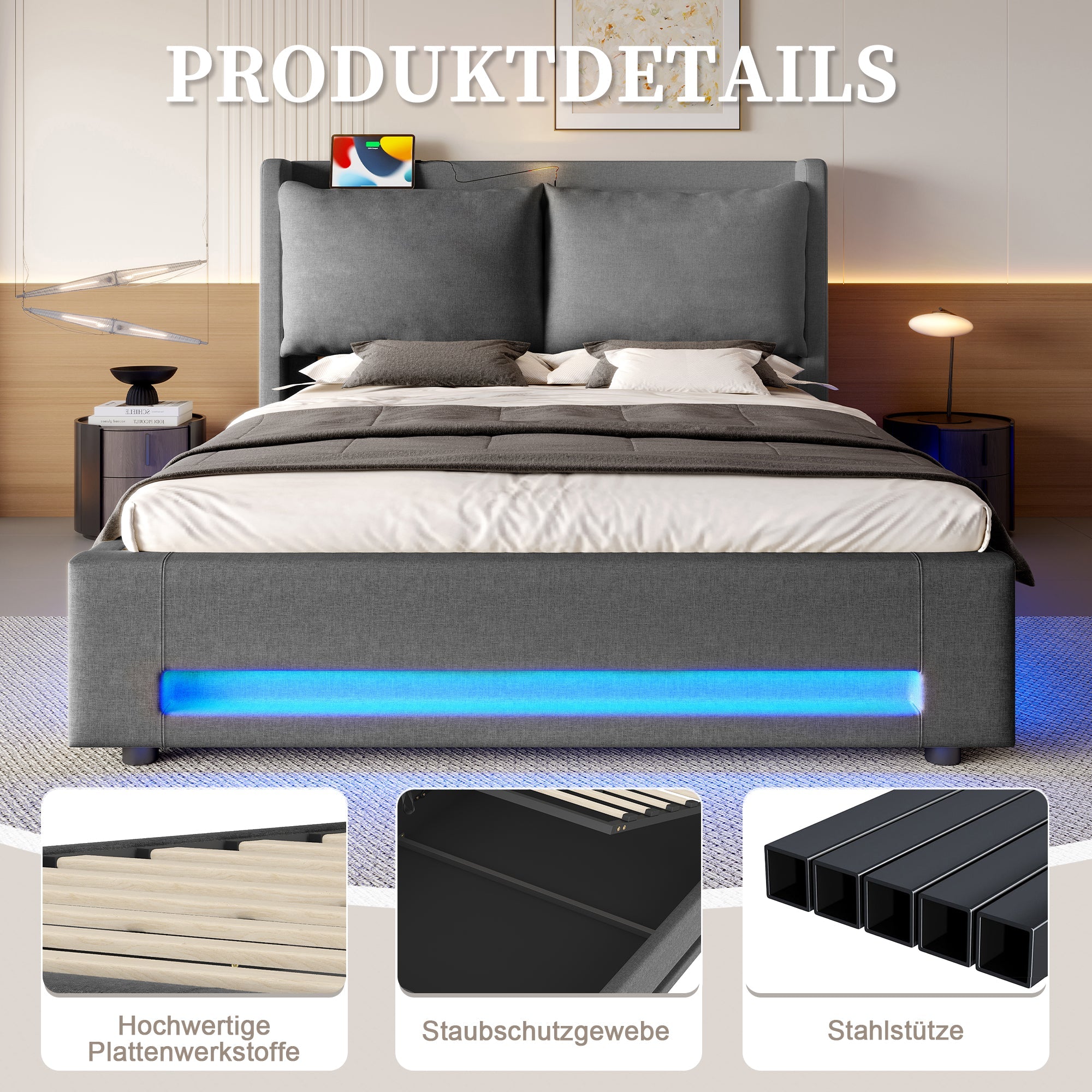 Logidon Modern gestoffeerd bed grijs 140x200 cm met opbergruimte en LED