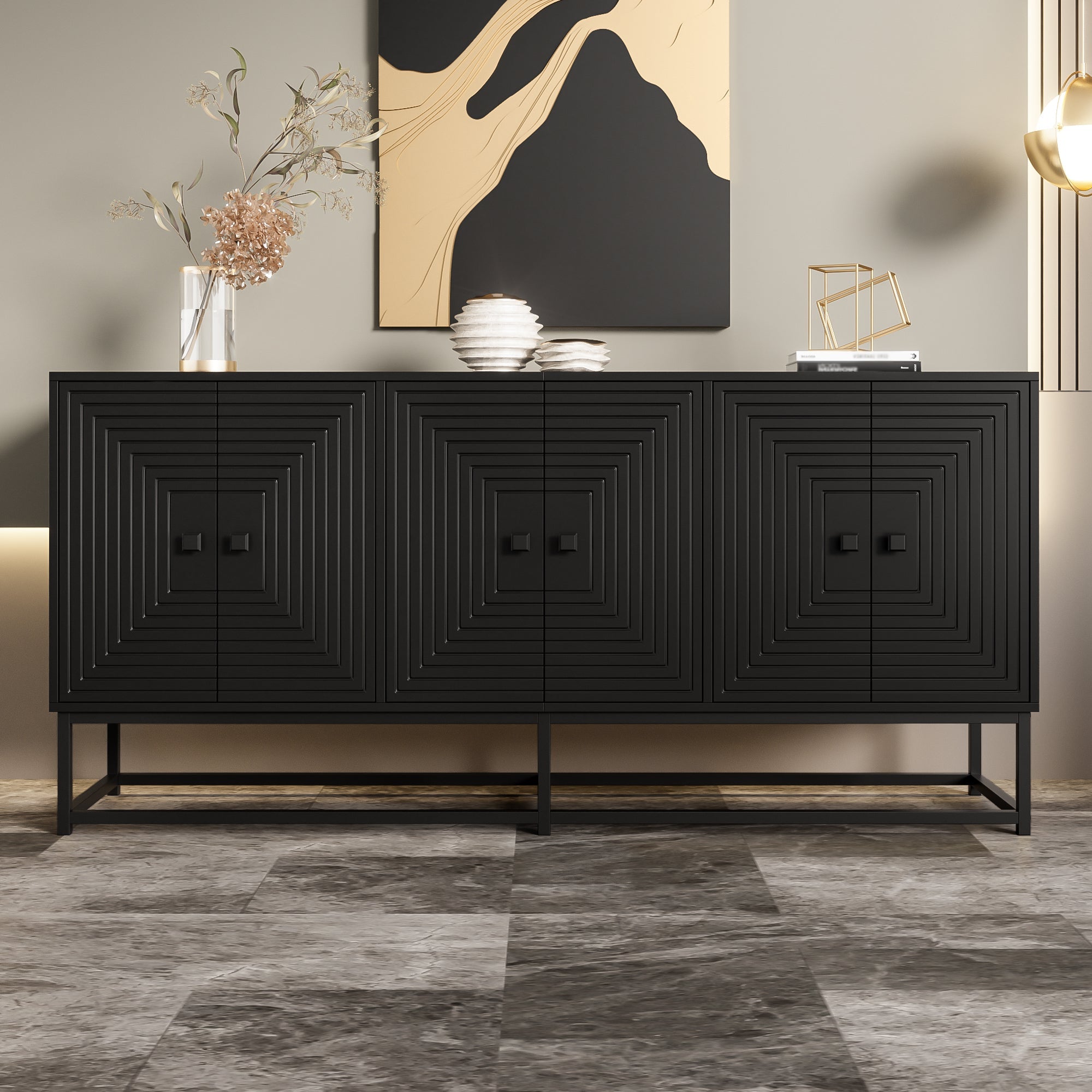 Logidon Moderne Zwarte Dressoirkast 3 Dubbele Deuren 160x38x75,5CM
