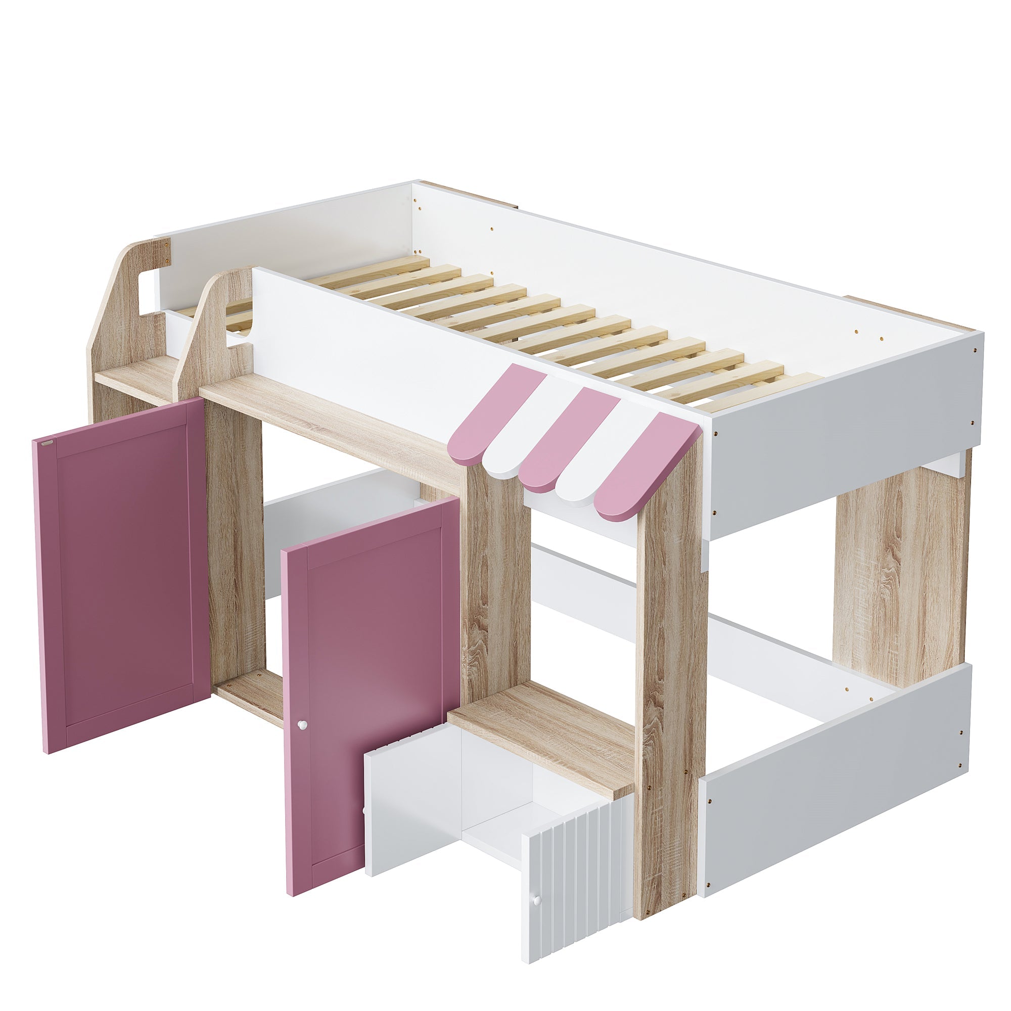 Logidon House Bed Kinderbed 90x200 met opbergruimte en ladder wit roze