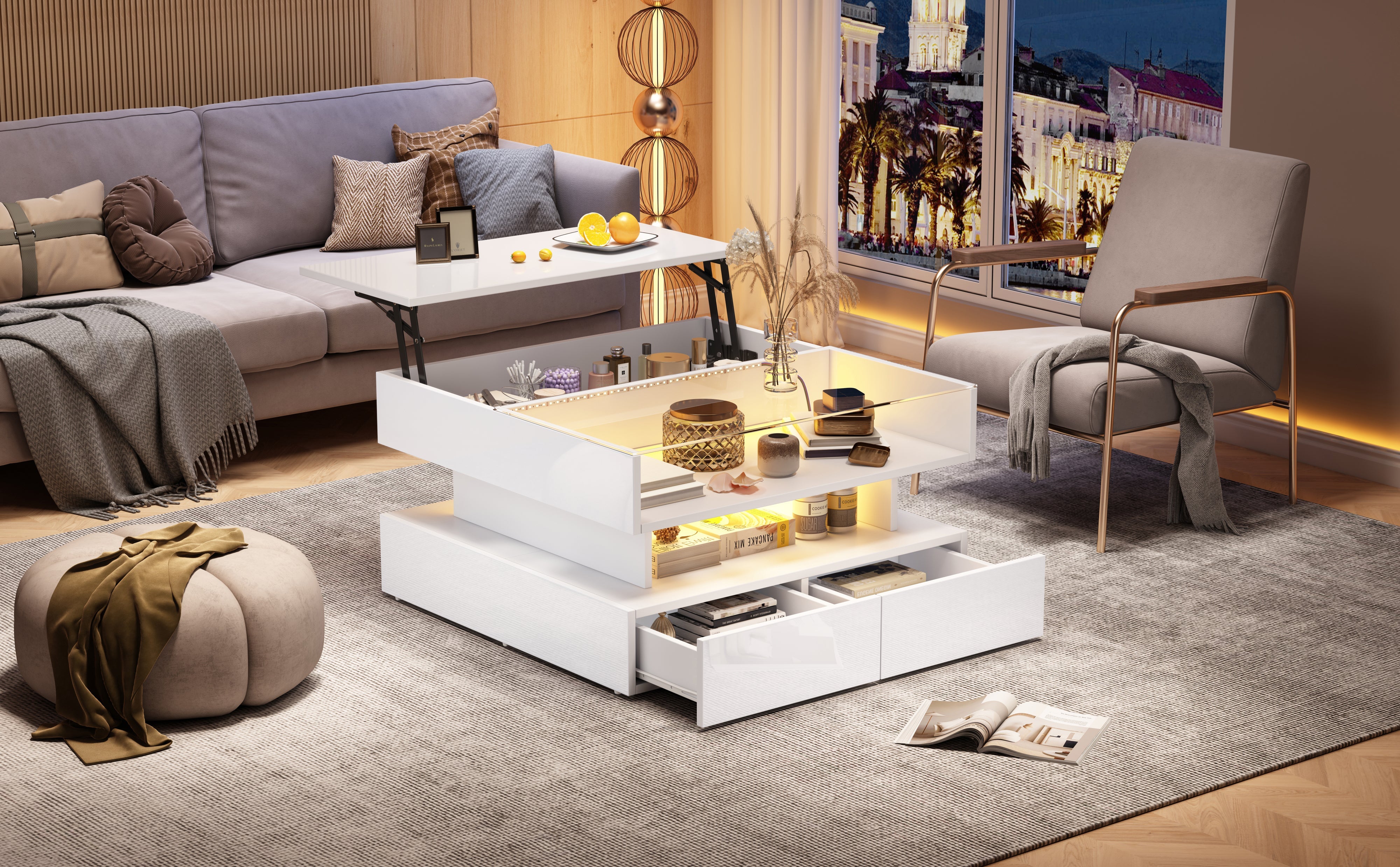 Logidon In hoogte verstelbare salontafel 80x80 cm witte LED opbergruimte