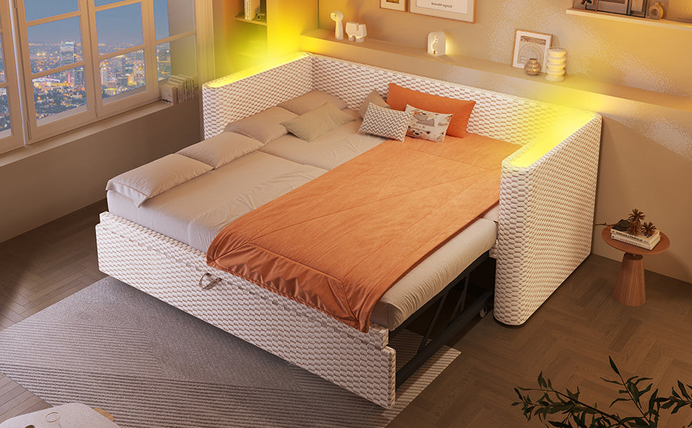 Logidon dagbed slaapbank beige fluweel 90x200/180x200 LED