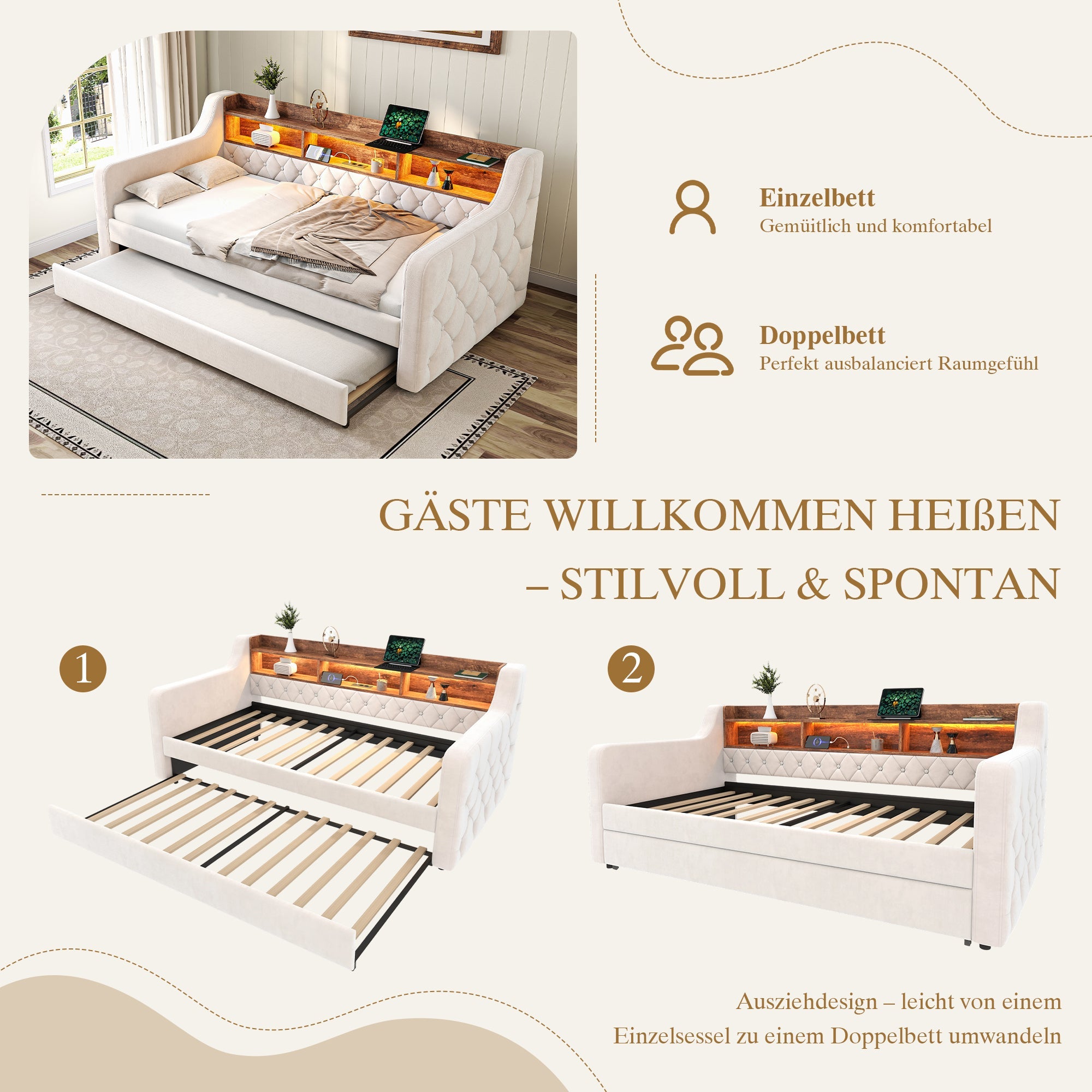 Logidon slaapbank 90x190 cm beige fluweel met opbergruimte LED USB-C