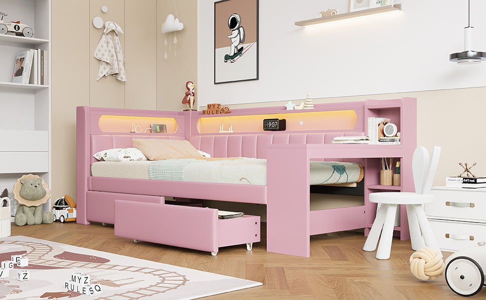 Logidon Daybed 90x200 Upholstered With USB And LED And Desk Pink