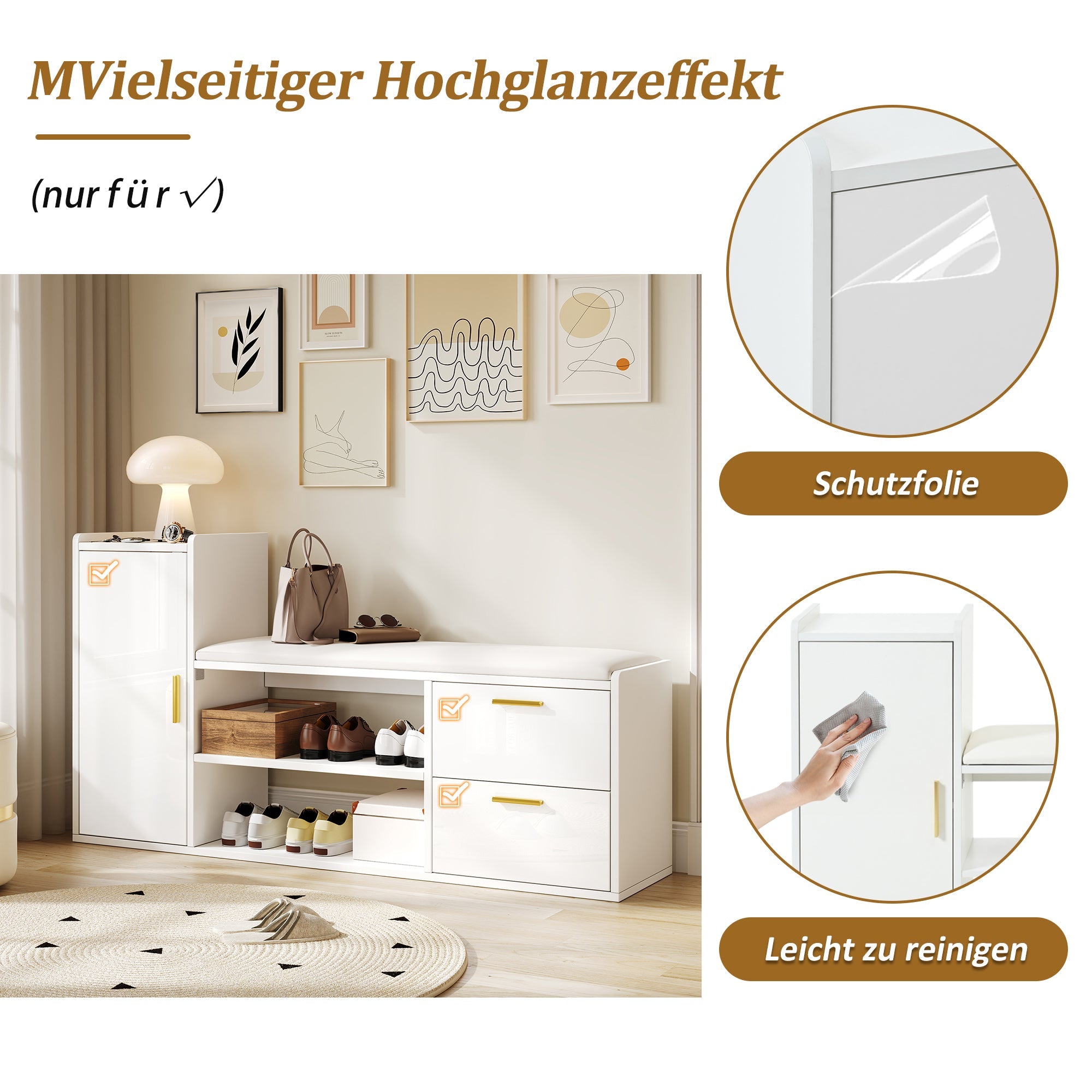 Logidon schoenenbank wit hoogglans 128x30x68 cm met 2 lades