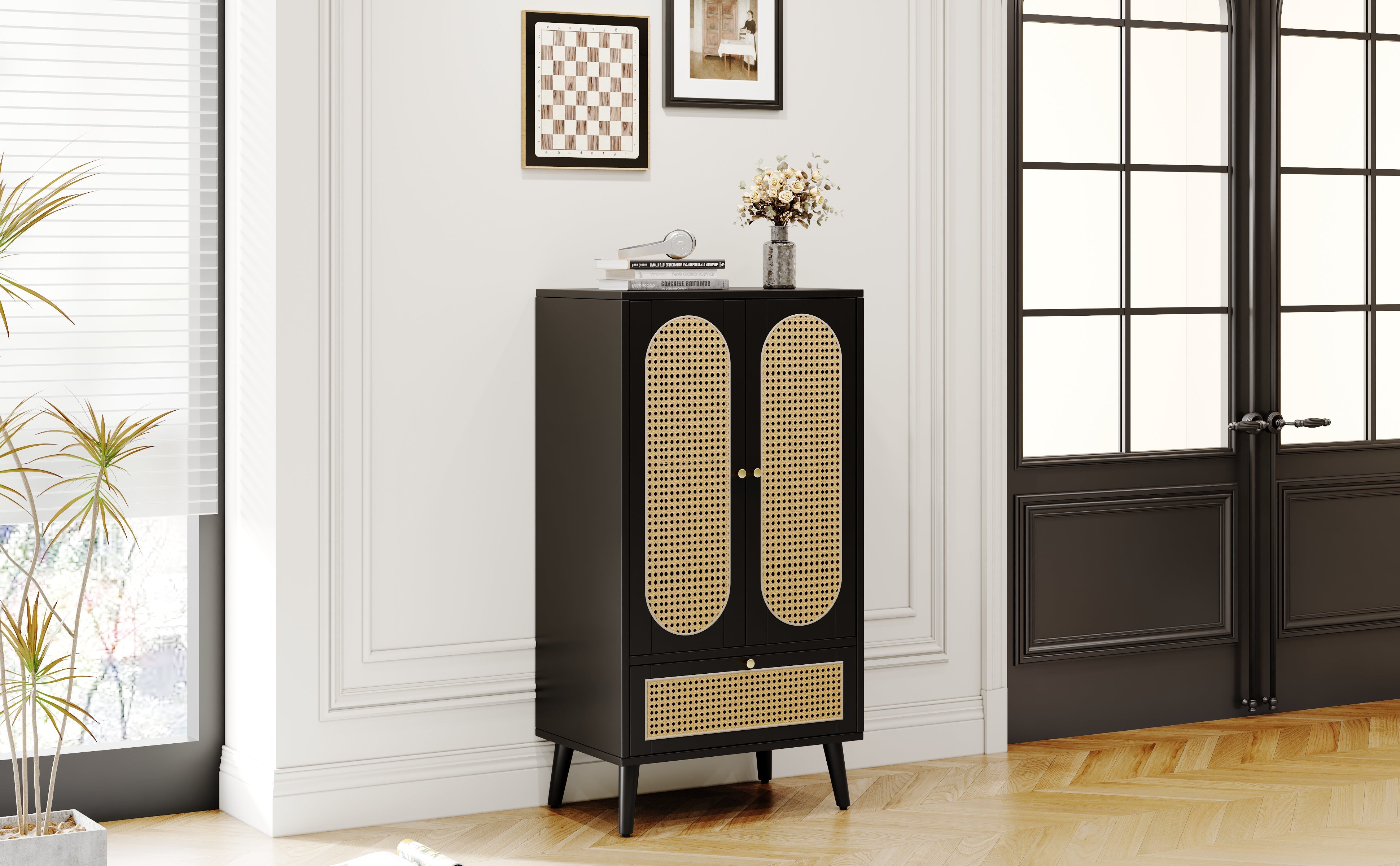 Logidon Compact Dressoir 1,1 m Zwart Rotan 2 Deurs 1 Lade