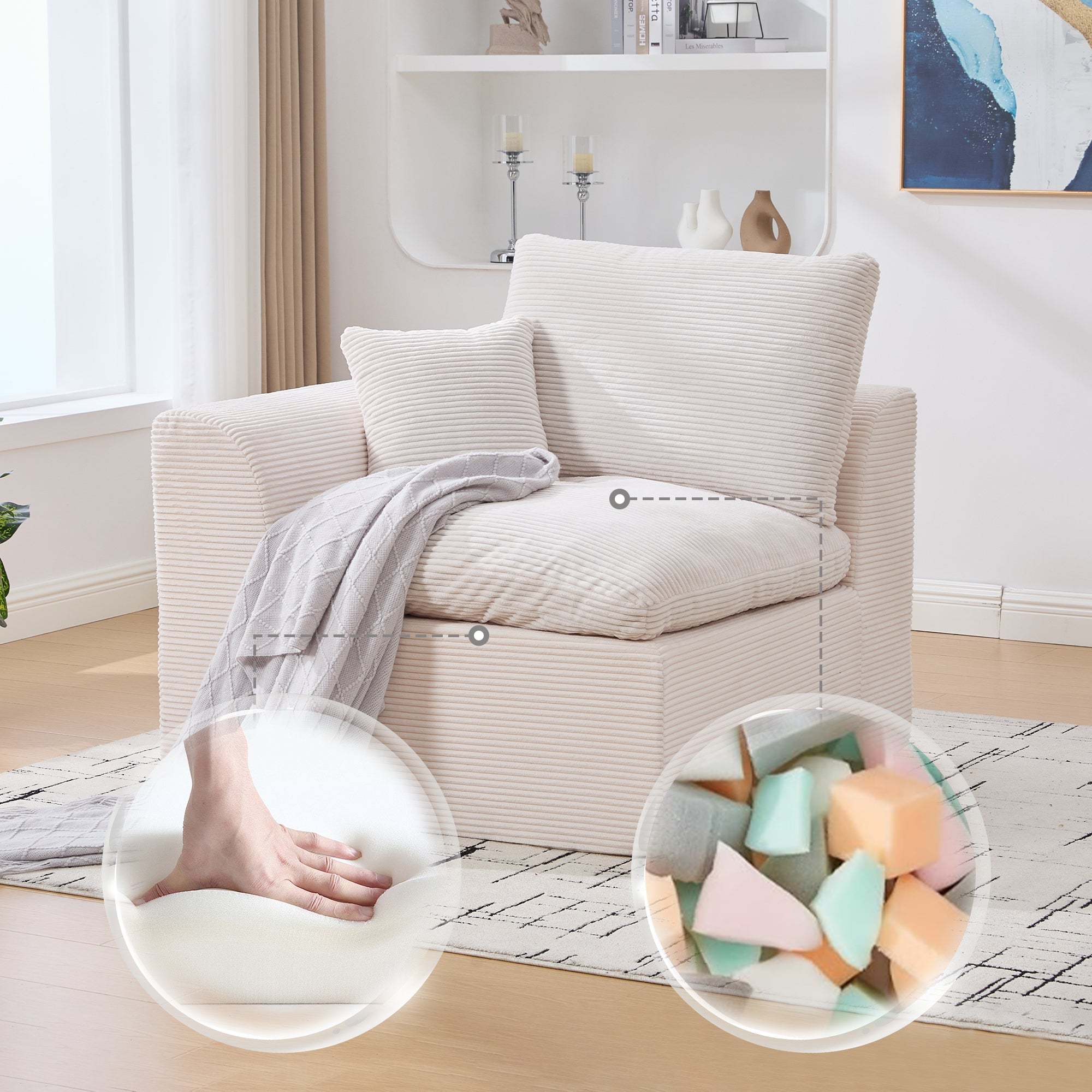 Logidon moderne 1-zits stoffen bank beige corduroy stof met kussens
