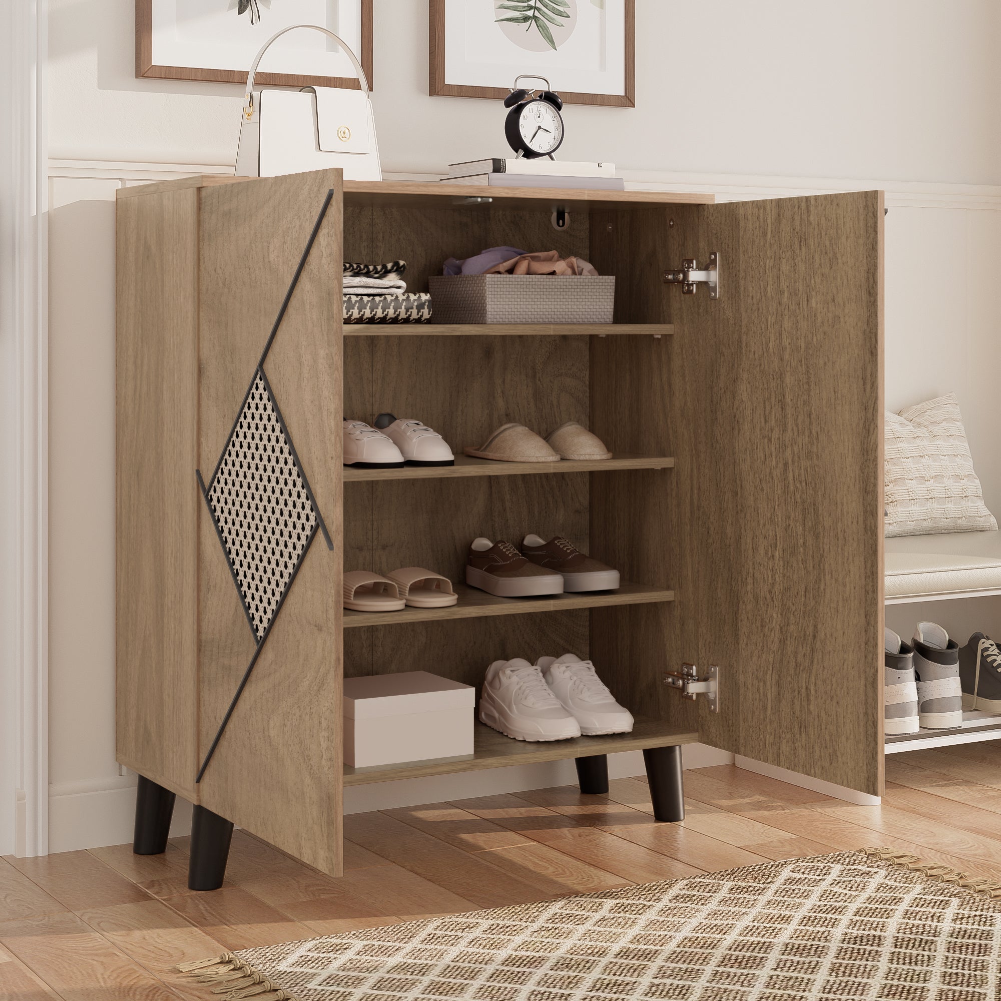 Logidon schoenenkast met modern rotanpatroon, 80 cm x 32 cm x 91 cm