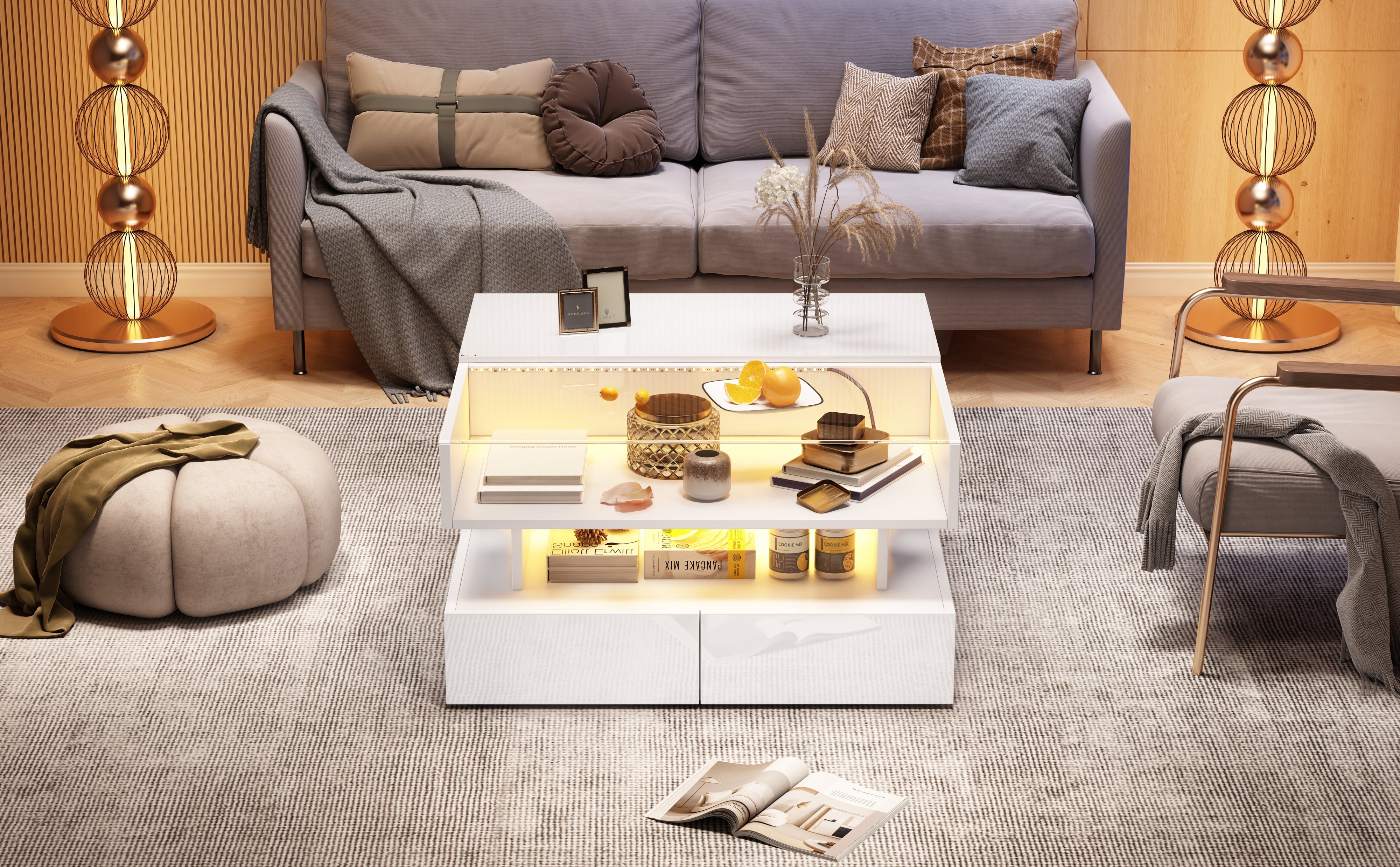 Logidon In hoogte verstelbare salontafel 80x80 cm witte LED opbergruimte