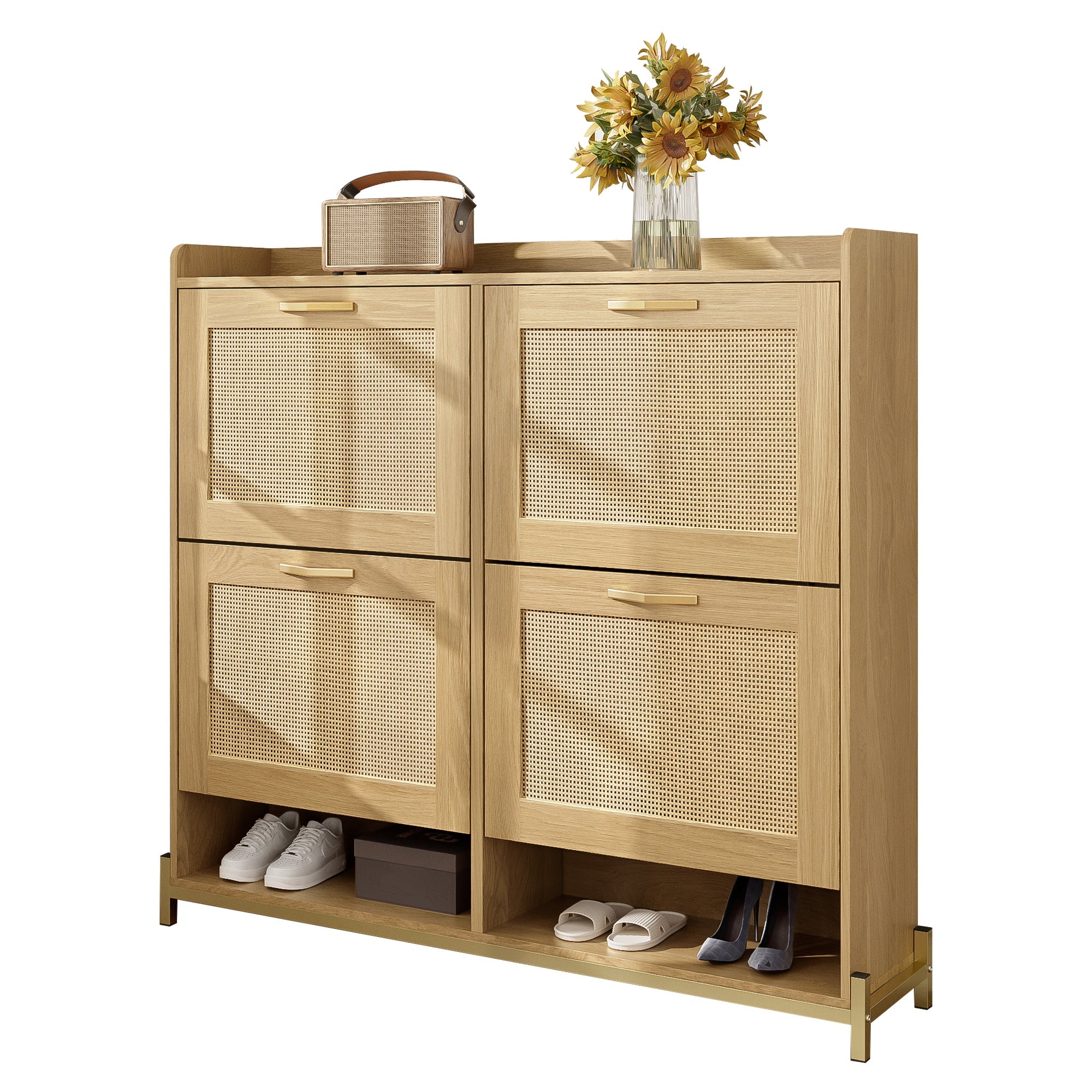 Logidon Elegante Schoenenkast Hout Met Rotan Deuren 4 Deurs Eik