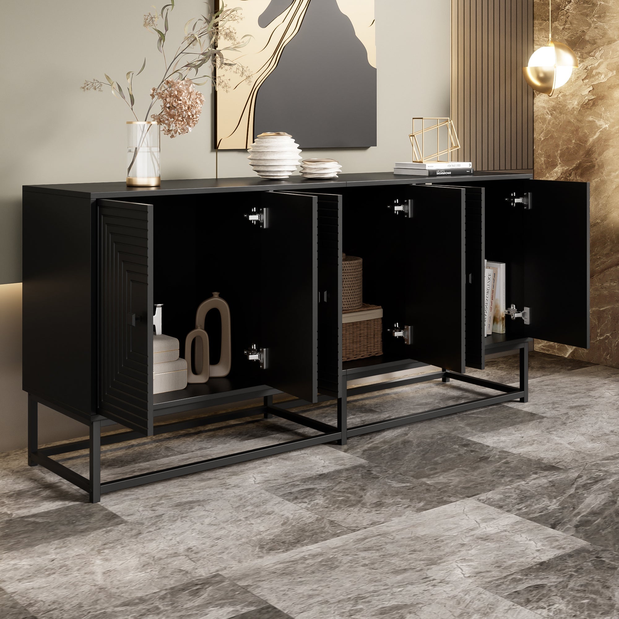 Logidon Moderne Zwarte Dressoirkast 3 Dubbele Deuren 160x38x75,5CM