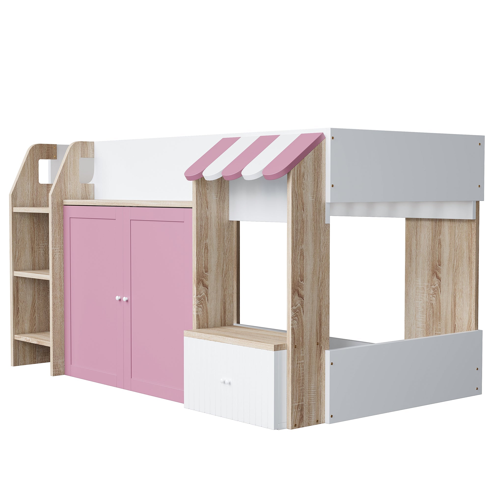 Logidon House Bed Kinderbed 90x200 met opbergruimte en ladder wit roze