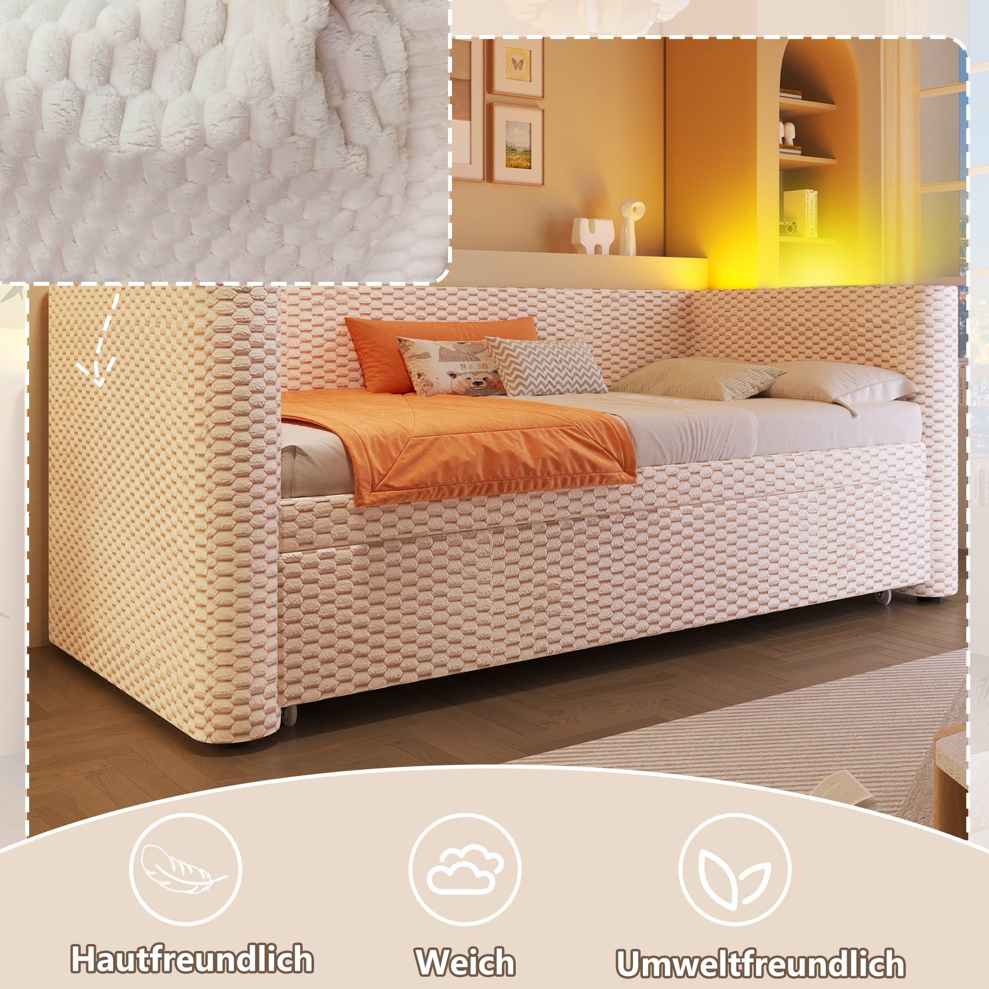 Logidon dagbed slaapbank beige fluweel 90x200/180x200 LED