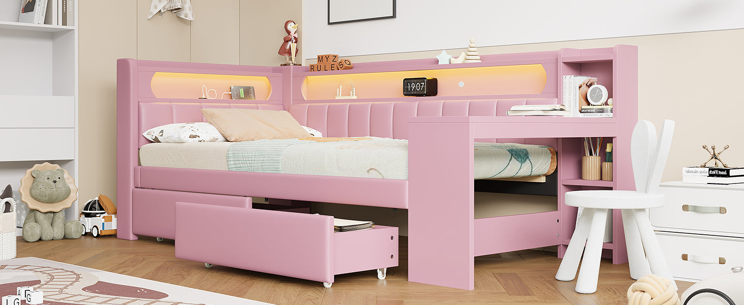 Logidon Daybed 90x200 Upholstered With USB And LED And Desk Pink