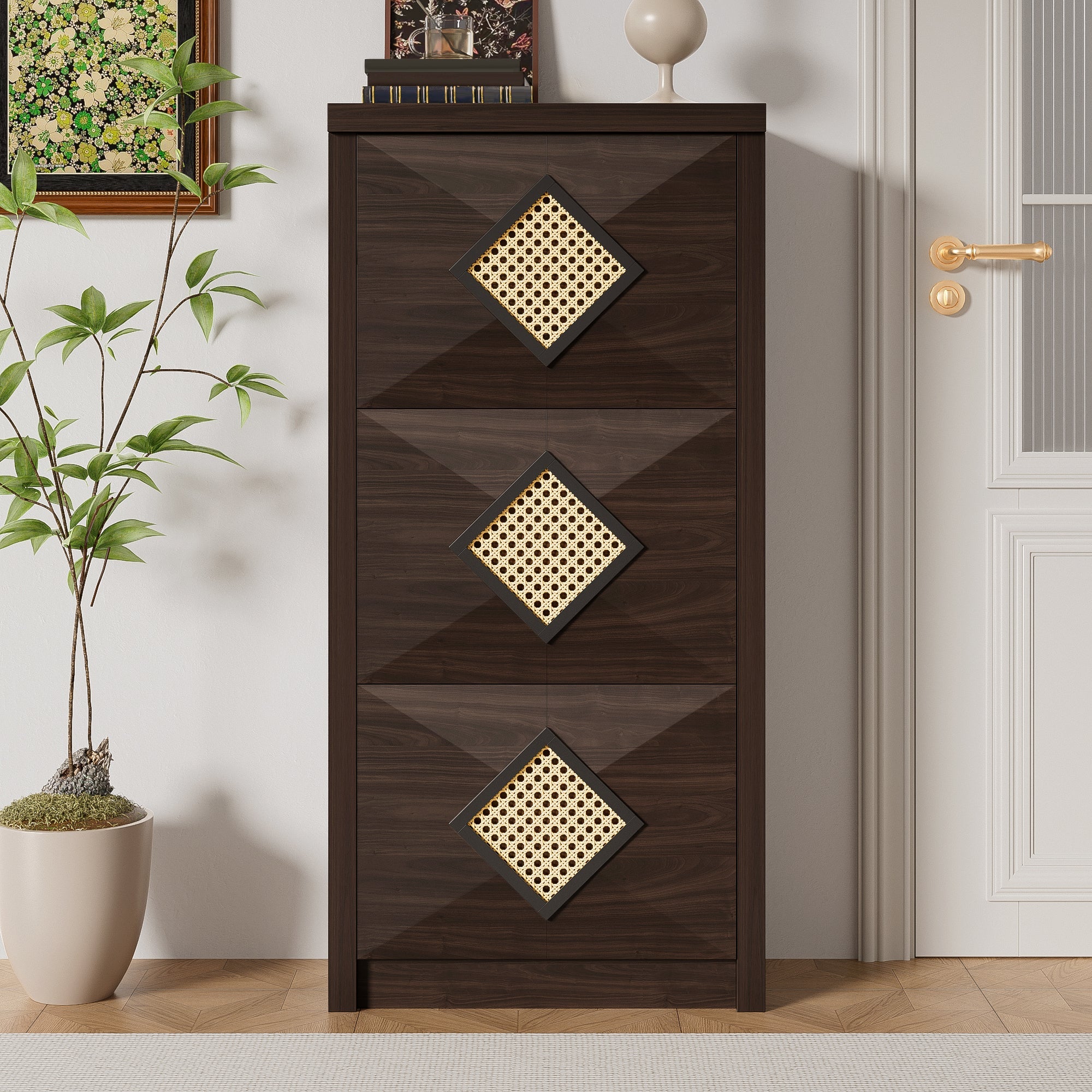 Logidon Vintage Schuhschrank Braun - Rattan-Dekor, 3 Klappfächer