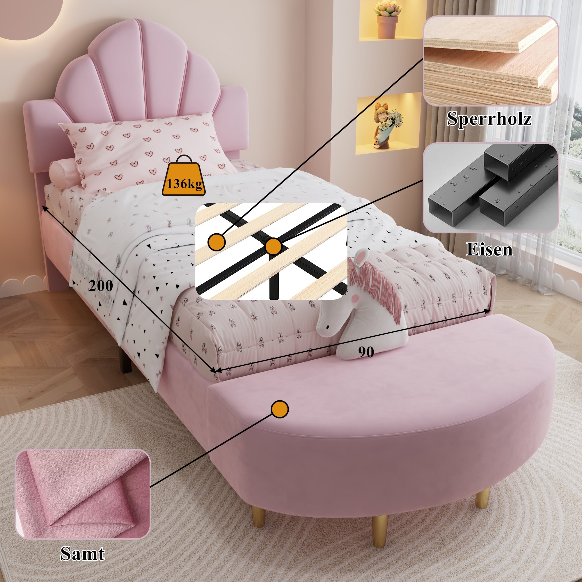 Logidon gestoffeerd bed 90x200 cm roze fluweel met bedbank en fluwelen hoofdbord