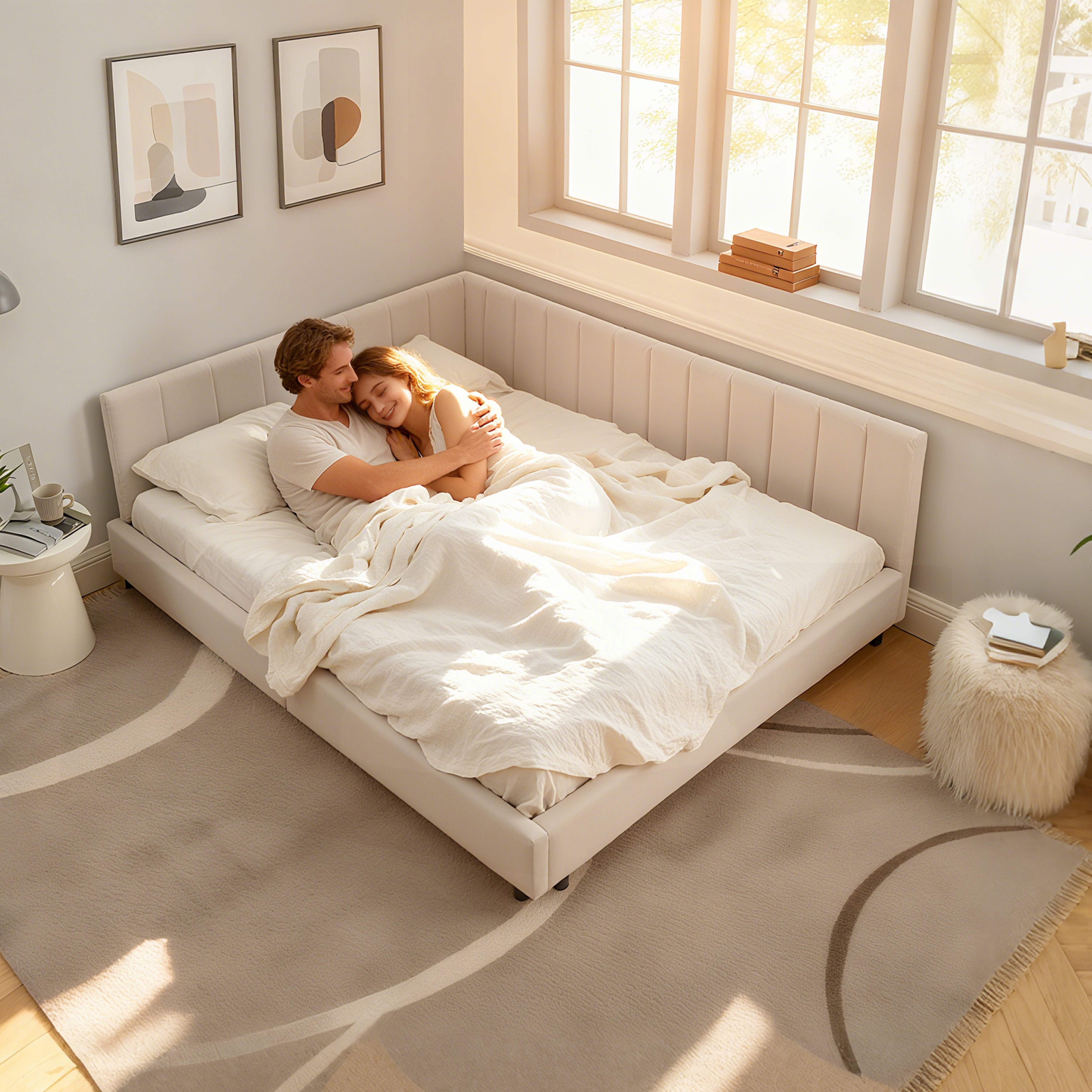 Logidon tweepersoonsbed 160x200 cm beige fluwelen oppervlak hoge rugleuning