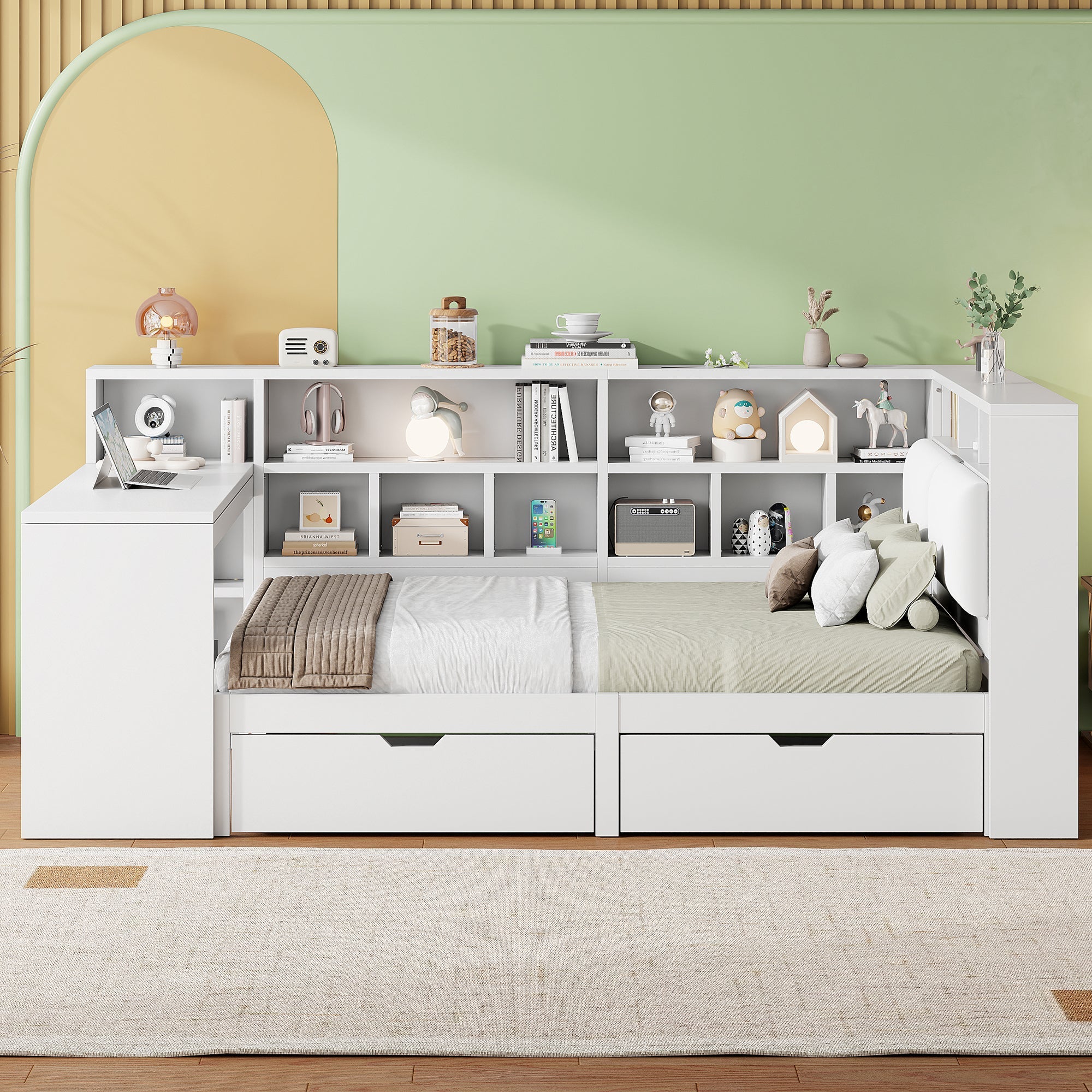 Logidon Hoekbed 140x200 L-vorm met Bureau Boekenplank Wit